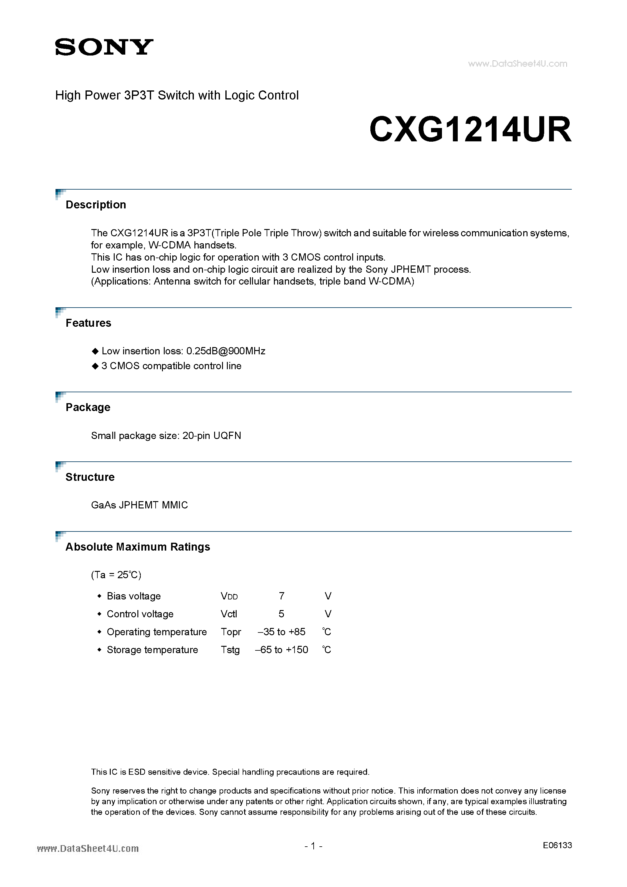 Даташит на микросхему CXG1214UR страница 1 Даташит CXG1214UR - High Power 3P3T Switch страница 1