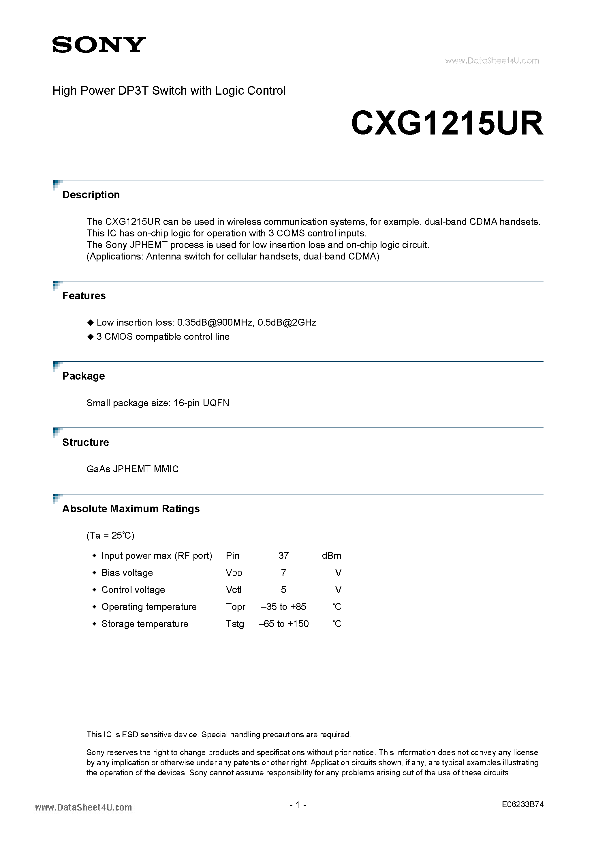 Даташит на микросхему CXG1215UR страница 1 Даташит CXG1215UR - High Power DP3T Switch страница 1
