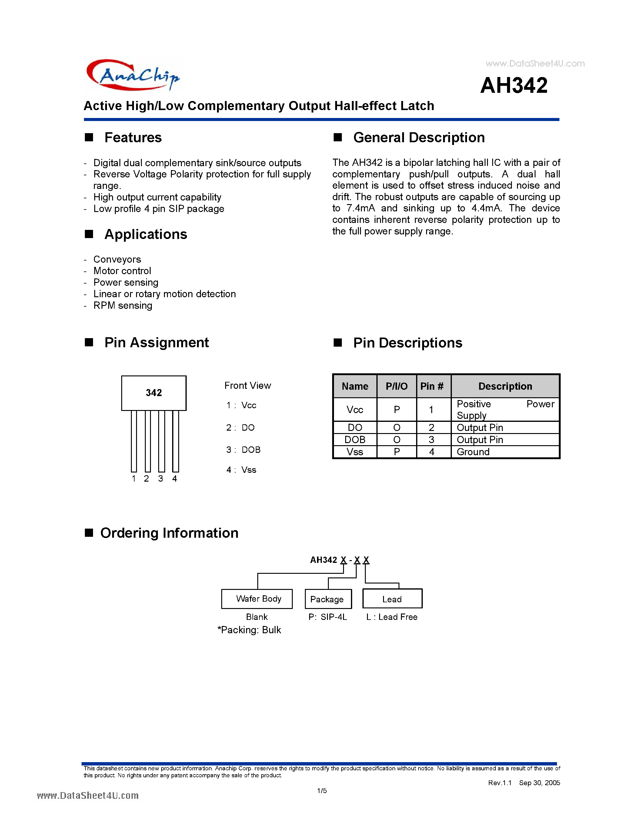 Даташит AH342 - Active High/Low Complementary Output Hall-effect Latch страница 1