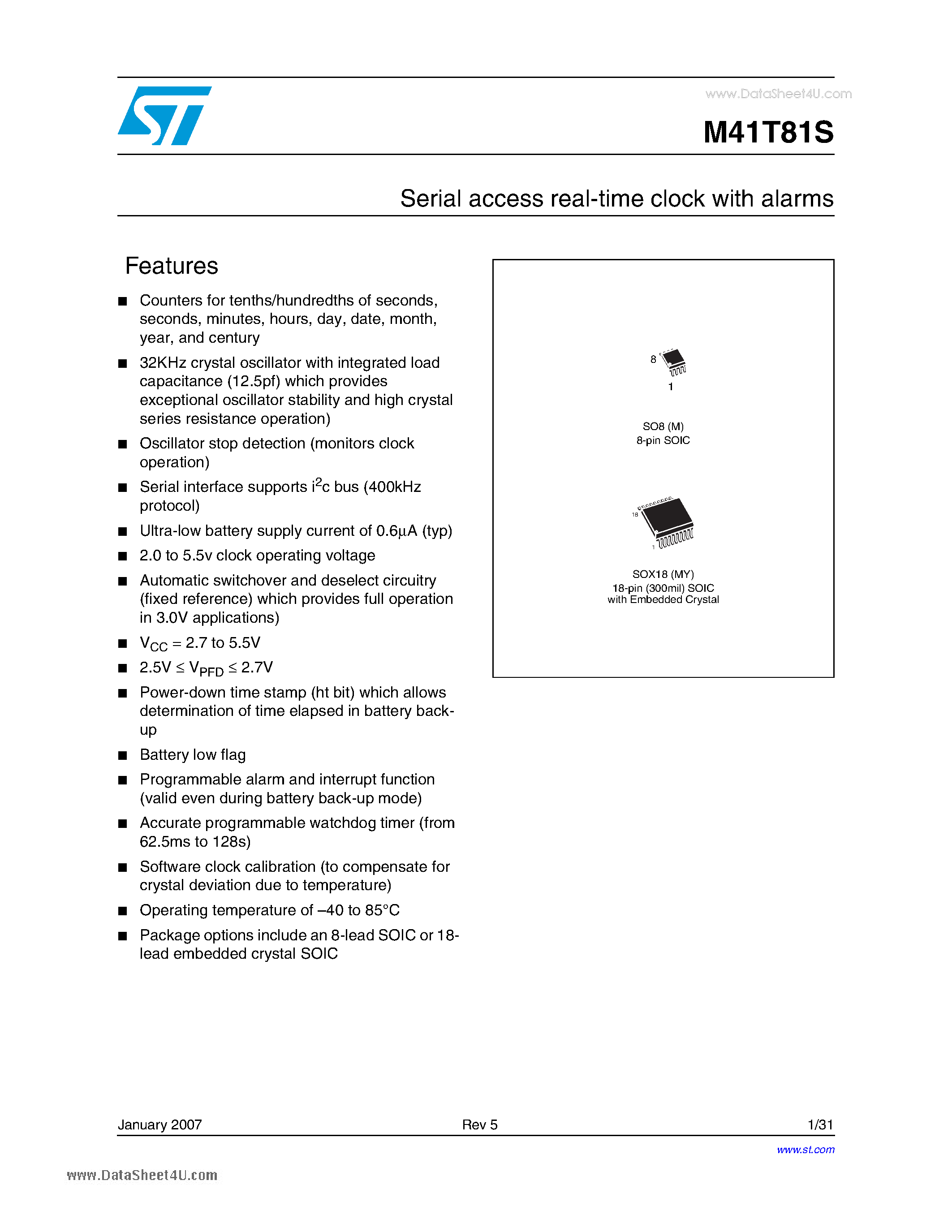 Datasheet M41T81S page 1 Datasheet M41T81S - Serial access real-time clock page 1