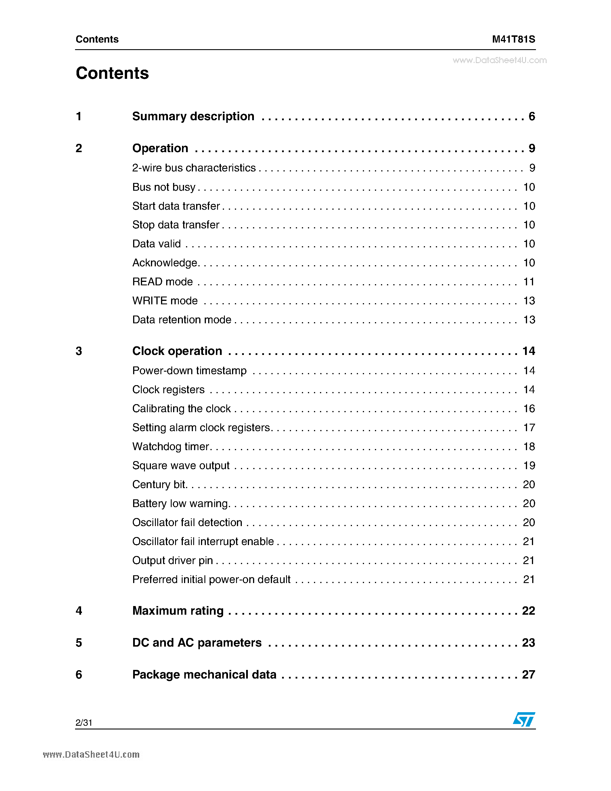Datasheet M41T81S page 2 Datasheet M41T81S - Serial access real-time clock page 2