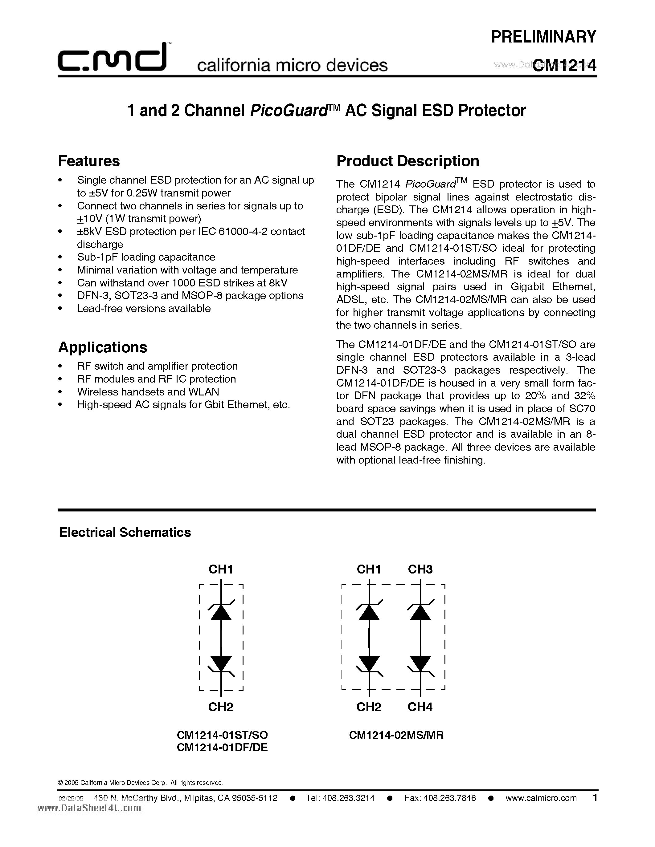 Datasheet CM1214 - 1 and 2 Channel PicoGuard AC Signal ESD Protector page 1
