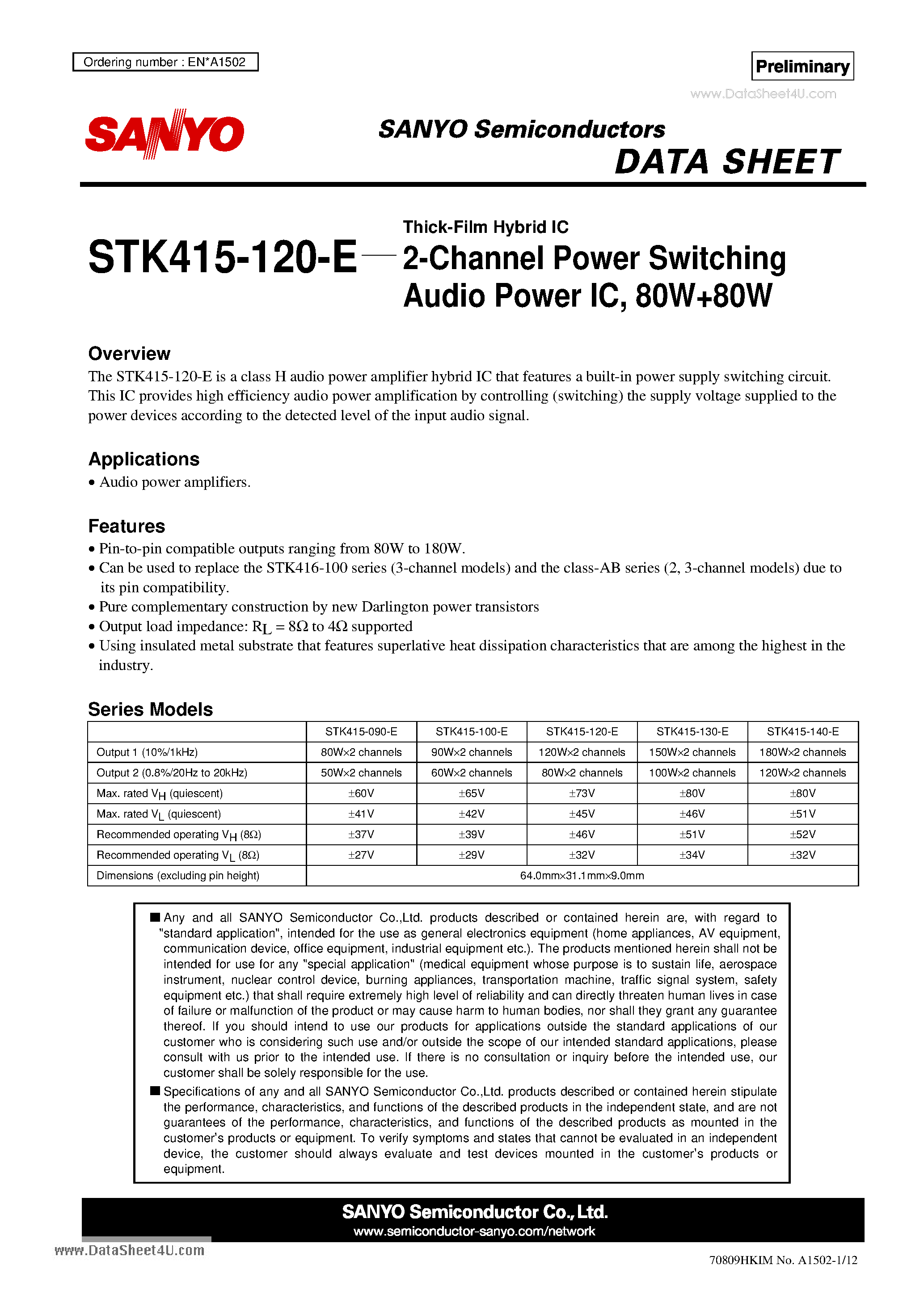 Datasheet STK415-120-E page 1 Datasheet STK415-120-E - 2-Channel Power Switching Audio Power IC page 1