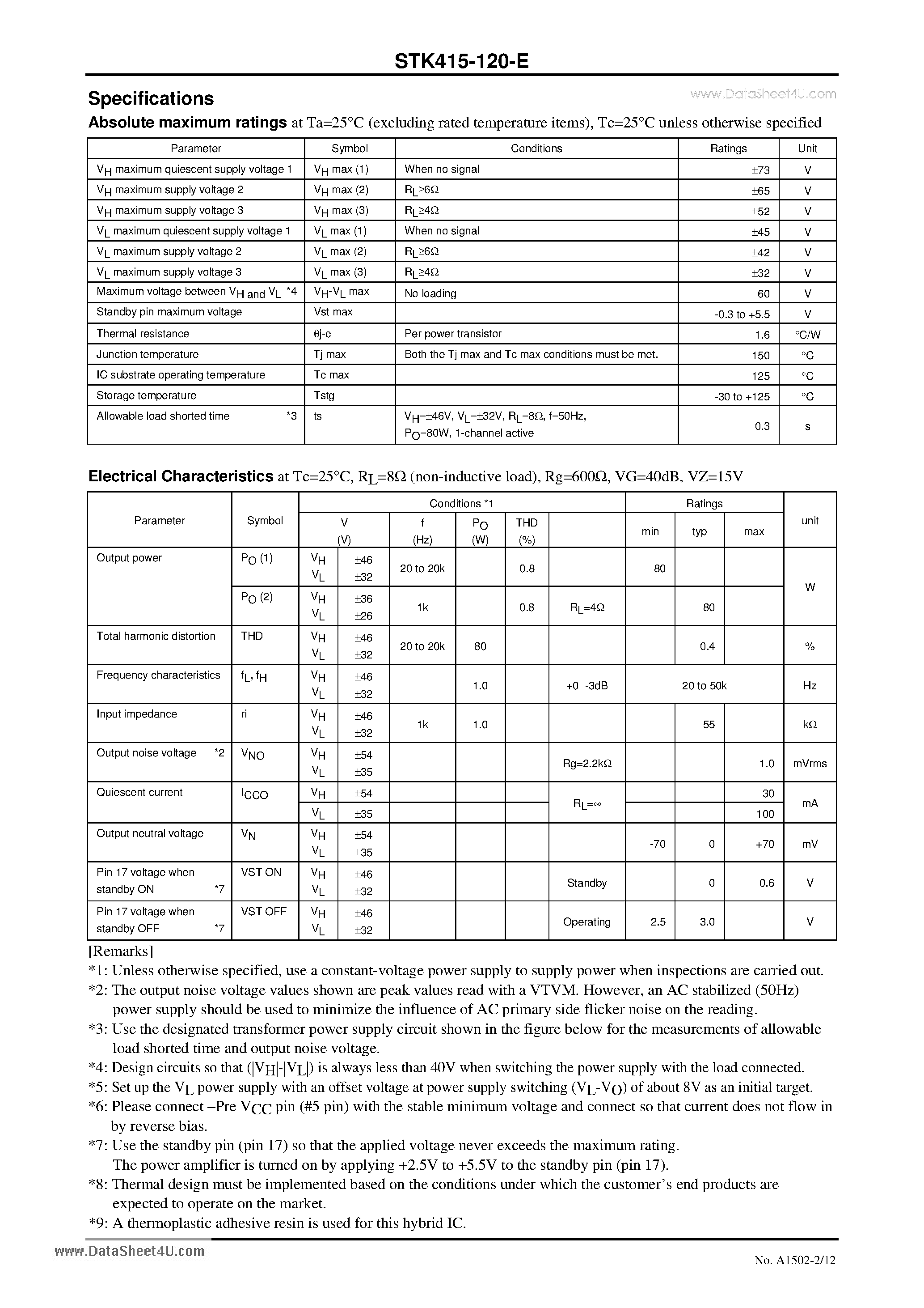 Datasheet STK415-120-E page 2 Datasheet STK415-120-E - 2-Channel Power Switching Audio Power IC page 2