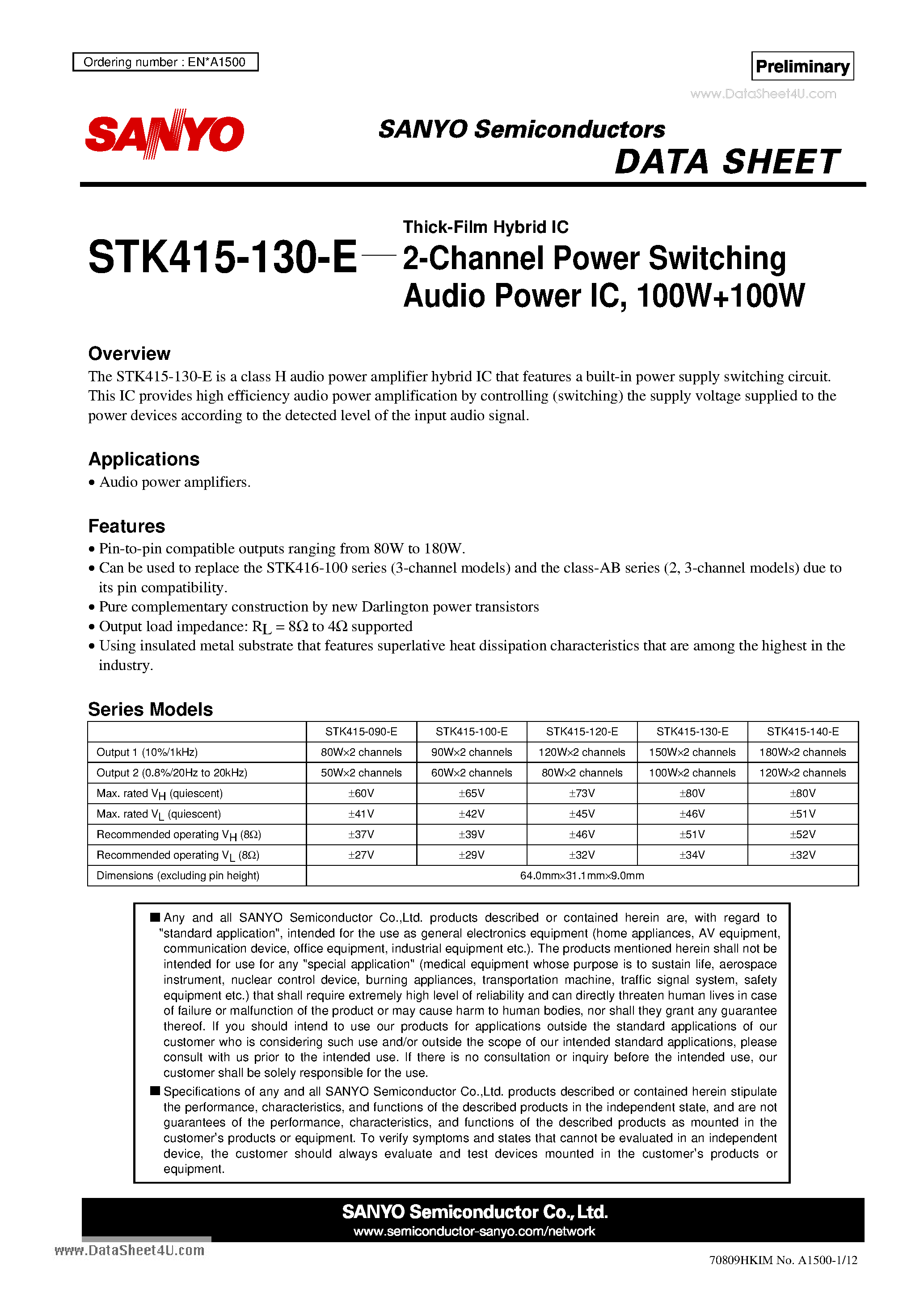 Даташит на микросхему STK415-130-E страница 1 Даташит STK415-130-E - 2-Channel Power Switching Audio Power IC страница 1