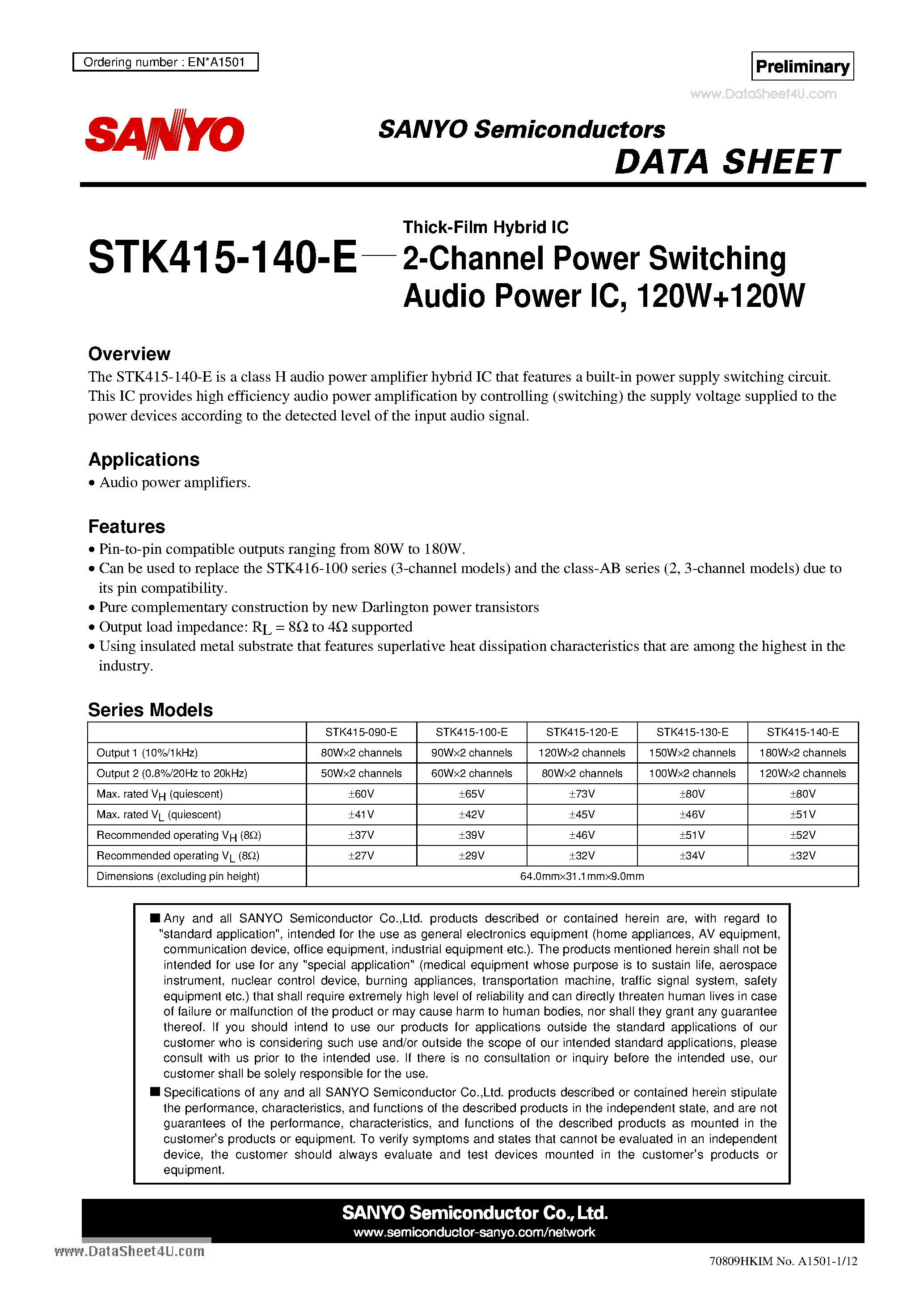 Даташит STK415-140-E - 2-Channel Power Switching Audio Power IC страница 1