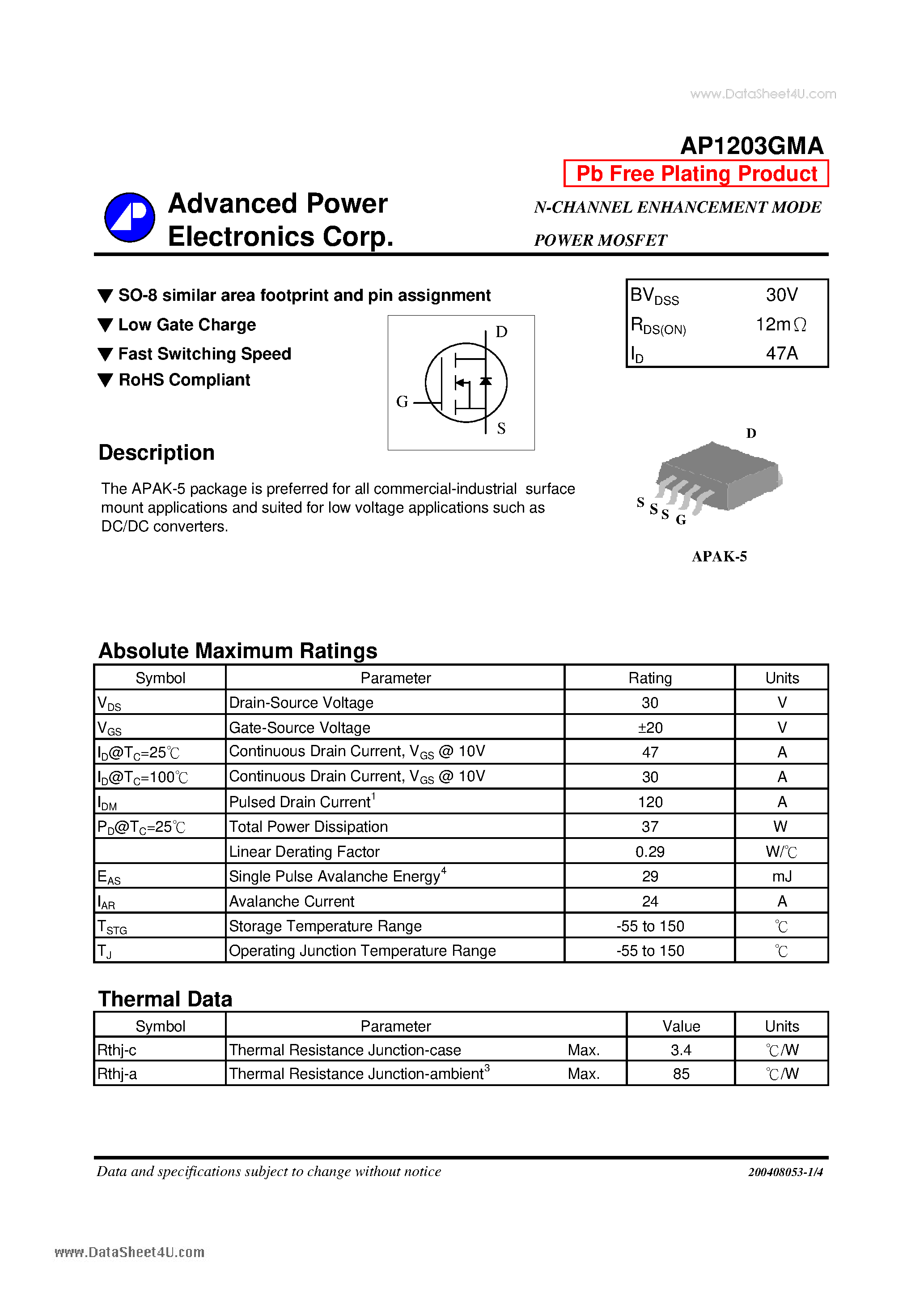 Datasheet AP1203GMA - N-CHANNEL ENHANCEMENT MODE POWER MOSFET page 1