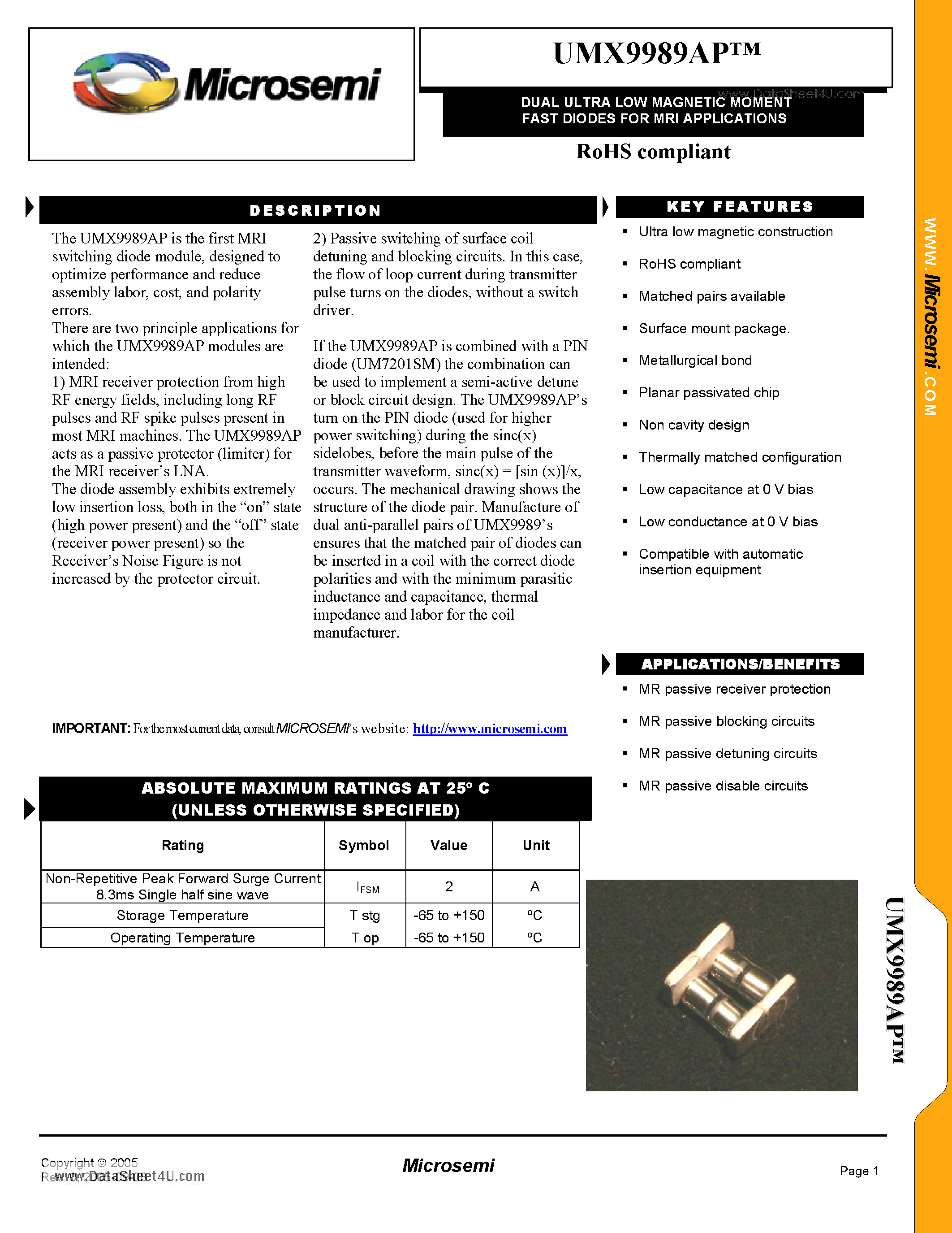 Даташит UMX9989AP - DUAL ULTRA LOW MAGNETIC MOMENT FAST DIODES страница 1