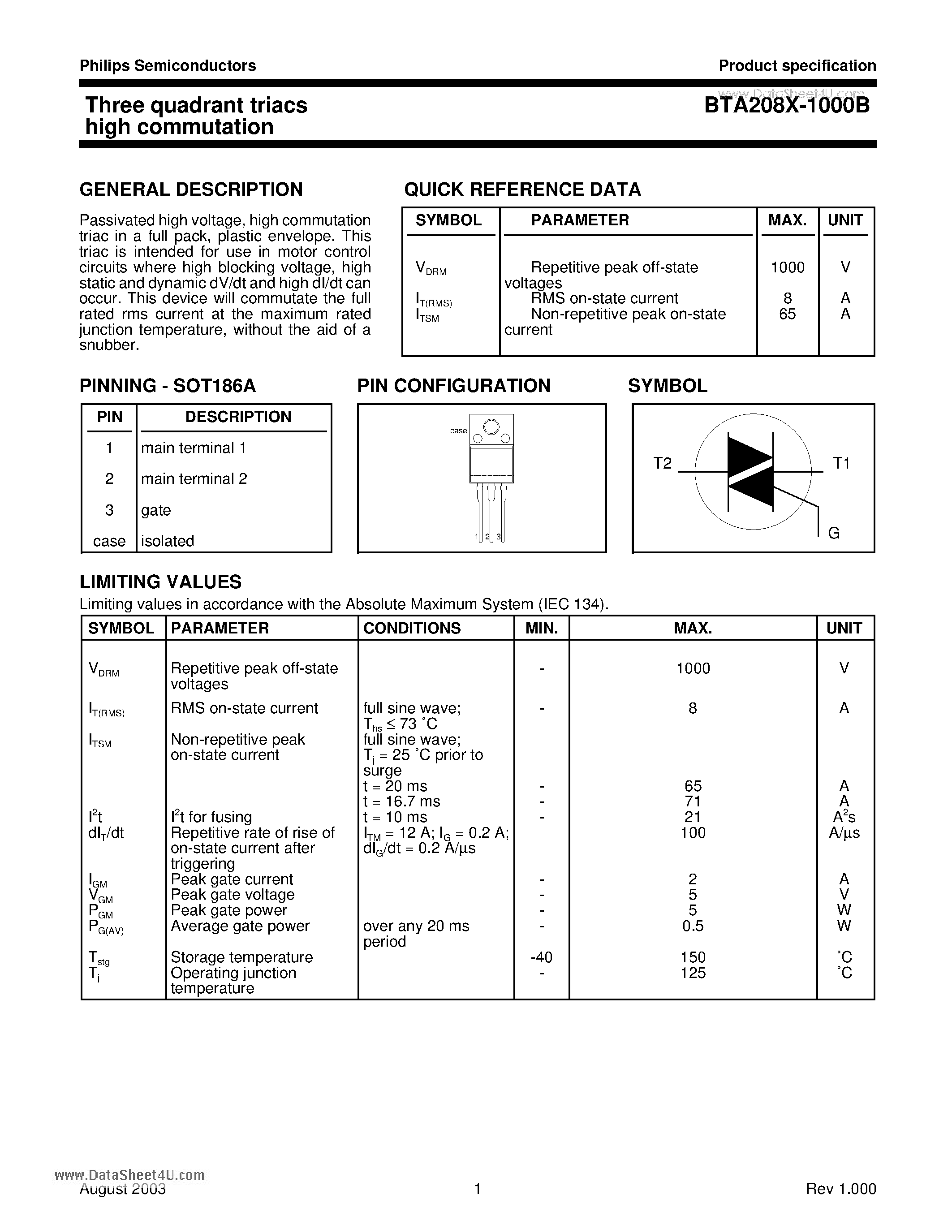 Даташит BTA208X-1000B - Three quadrant triacs high commutation страница 1