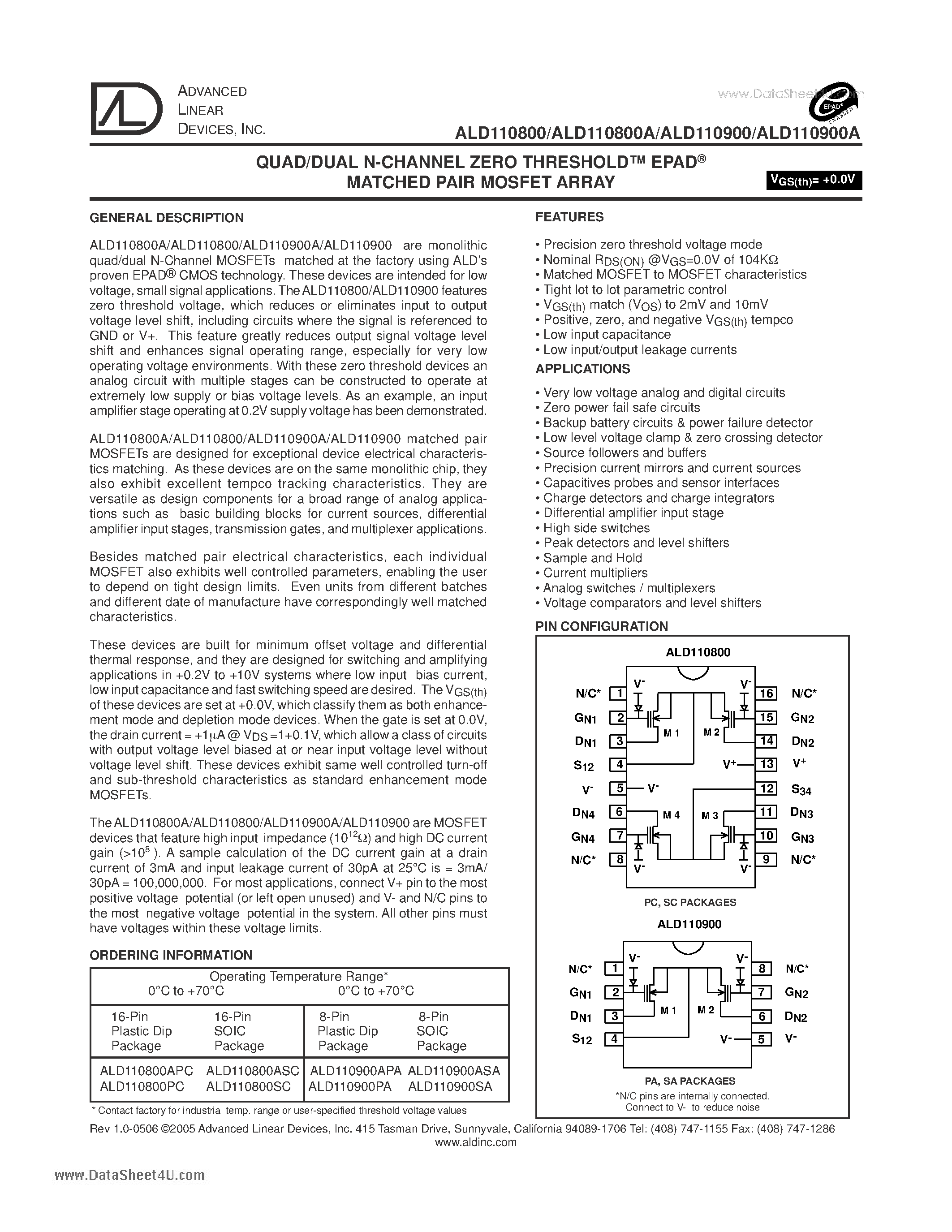 Datasheet ALD110800 - QUAD/DUAL N-CHANNEL ZERO THRESHOLD EPAD MATCHED PAIR MOSET ARRAY page 1