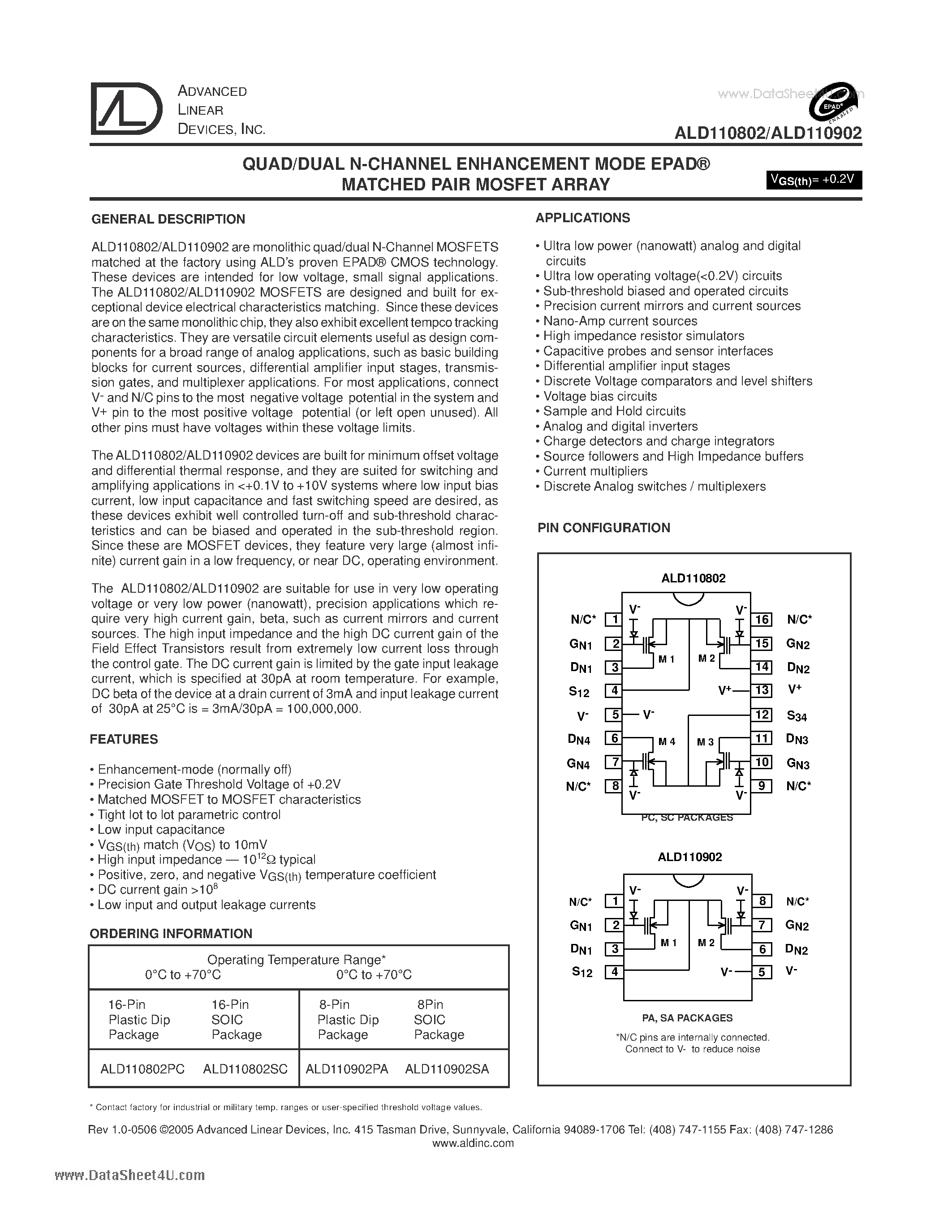Datasheet ALD110802 - QUAD/DUAL N-CHANNEL ENHANCEMENT MODE EPAD MATCHED PAIR MOSFET ARRAY page 1