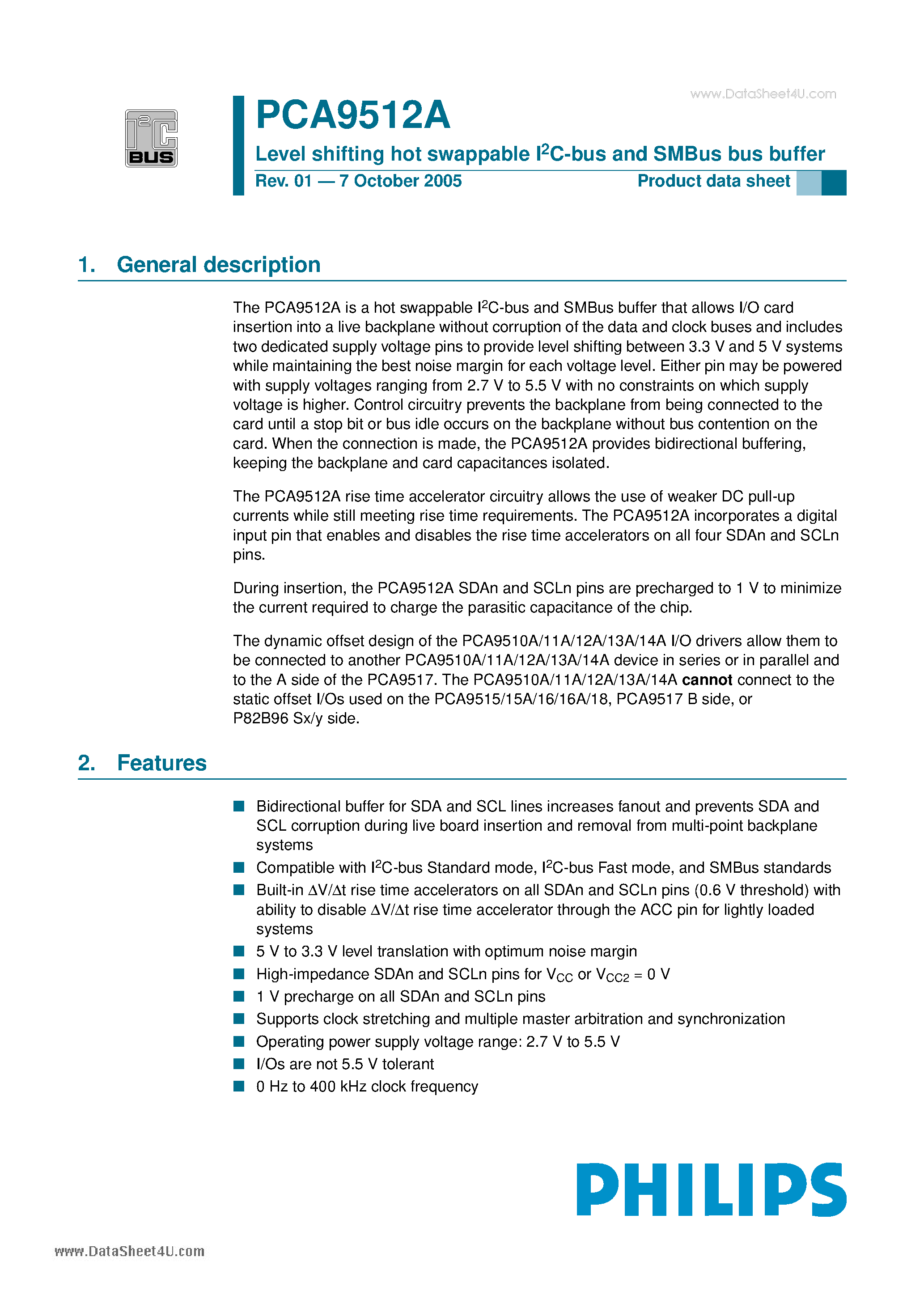 Datasheet PCA9512A page 1 Datasheet PCA9512A - Level shifting hot swappable I2C-bus and SMBus bus buffer page 1