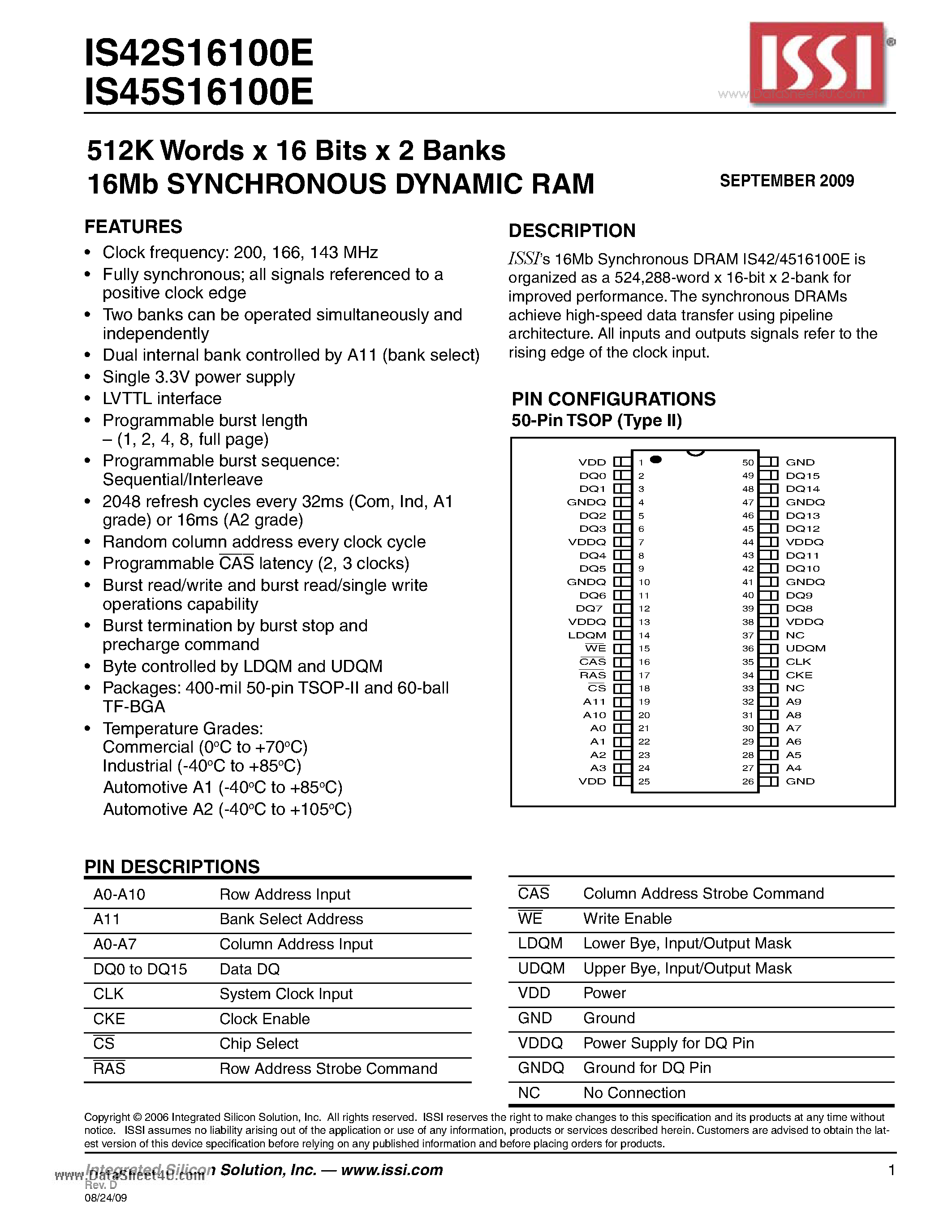 Даташит IS42S16100E - 512K Words x 16 Bits x 2 Banks 16Mb SYNCHRONOUS DYNAMIC RAM страница 1