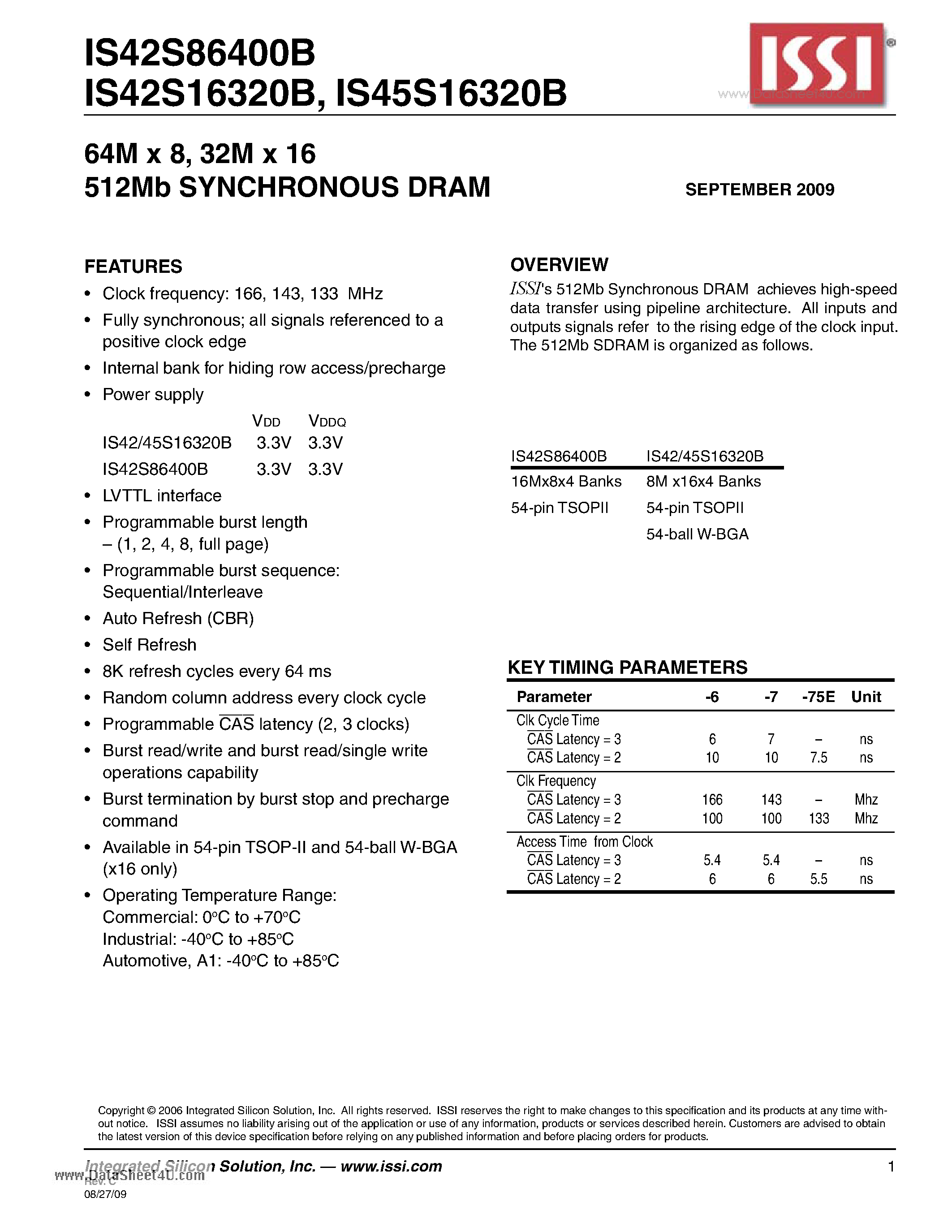 Даташит IS42S16320B - 32M x 16 512Mb SYNCHRONOUS DRAM страница 1
