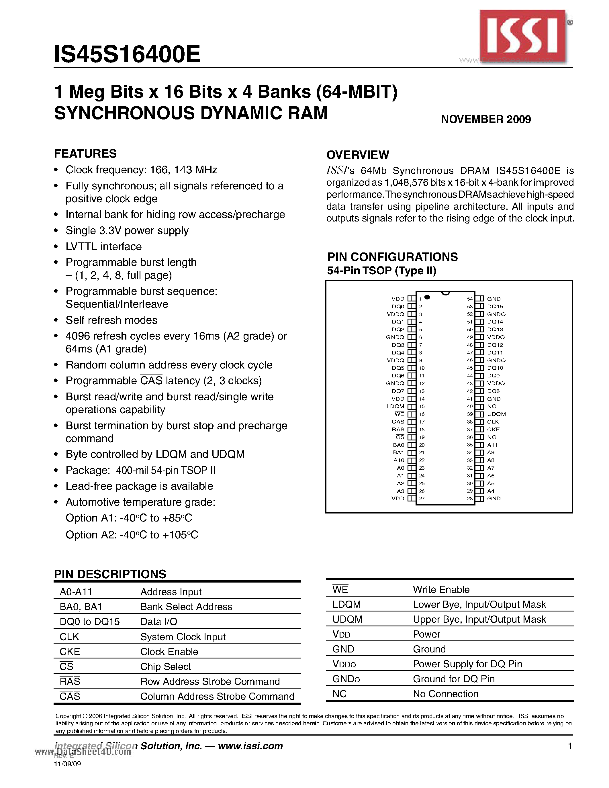 Datasheet IS45S16400E - 1 Meg Bits x 16 Bits x 4 Banks (64-MBIT) SYNCHRONOUS DYNAMIC RAM page 1