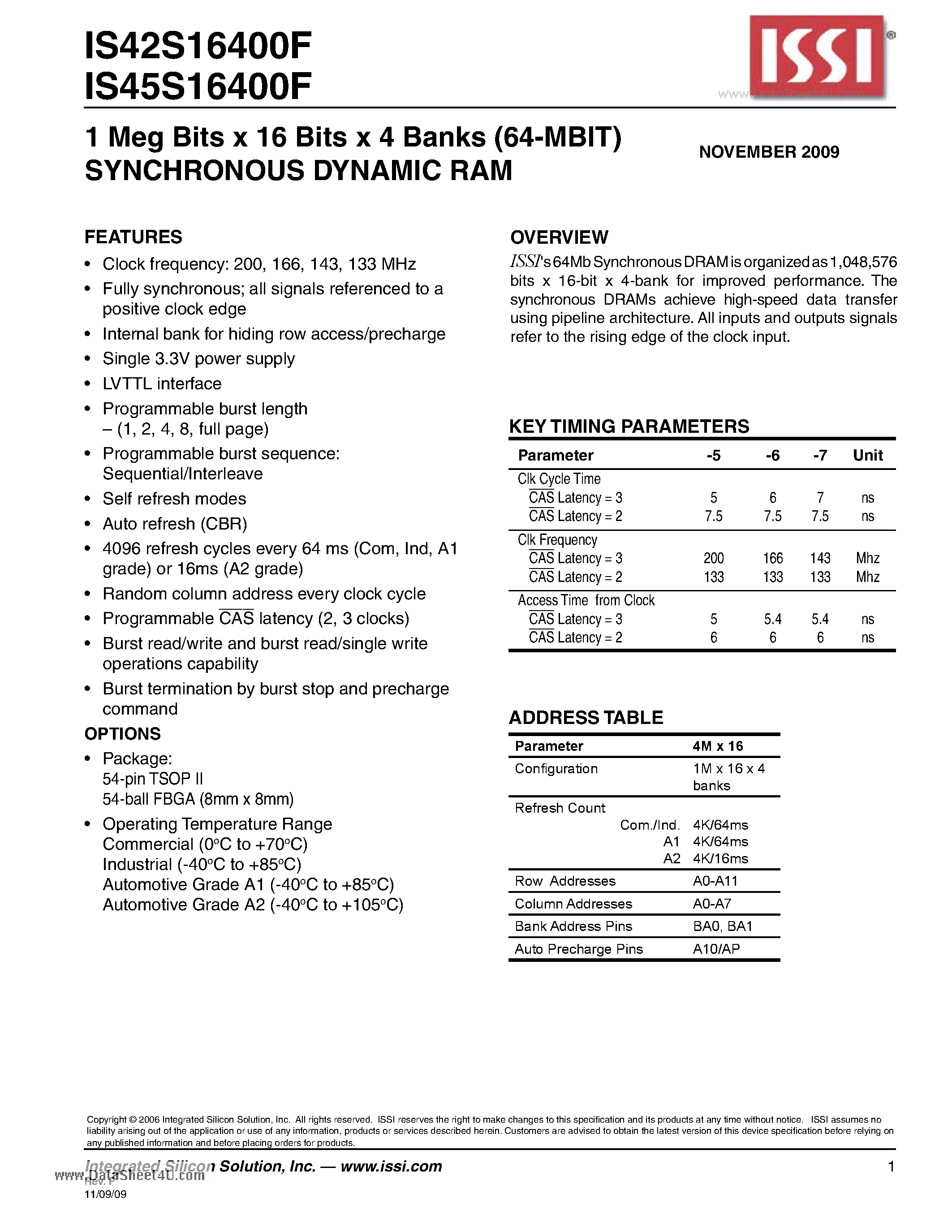 Datasheet IS42S16400F - 1 Meg Bits x 16 Bits x 4 Banks (64-MBIT) SYNCHRONOUS DYNAMIC RAM page 1