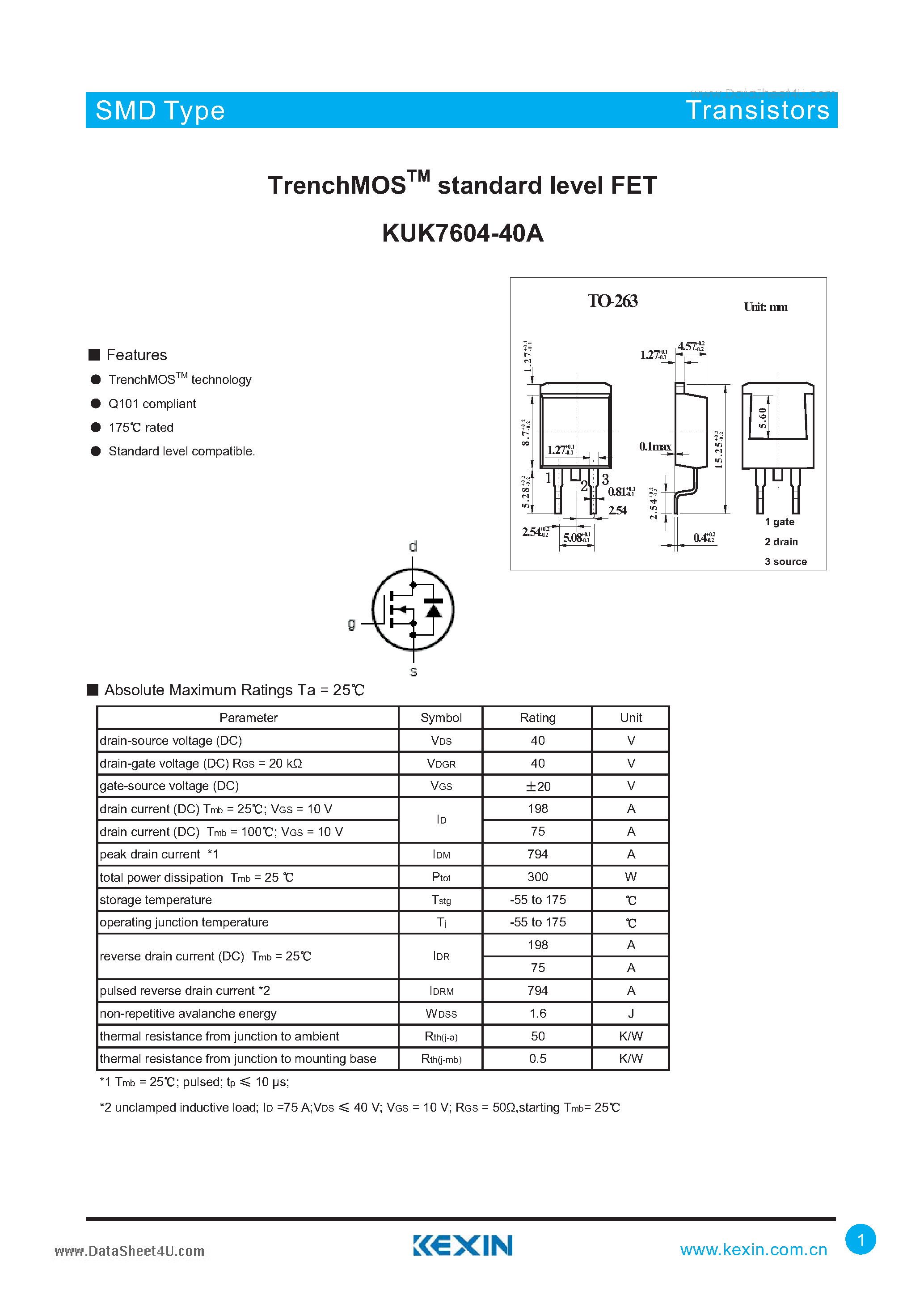 Datasheet KUK7604-40A - TrenchMOS standard level FET page 1