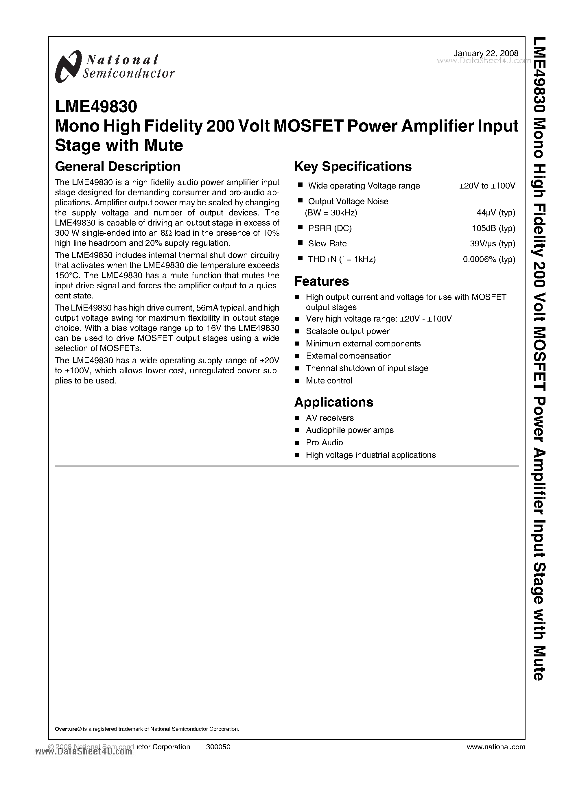 Datasheet LME49830 - Mono High Fidelity 200 Volt MOSFET Power Amplifier Input Stage page 1