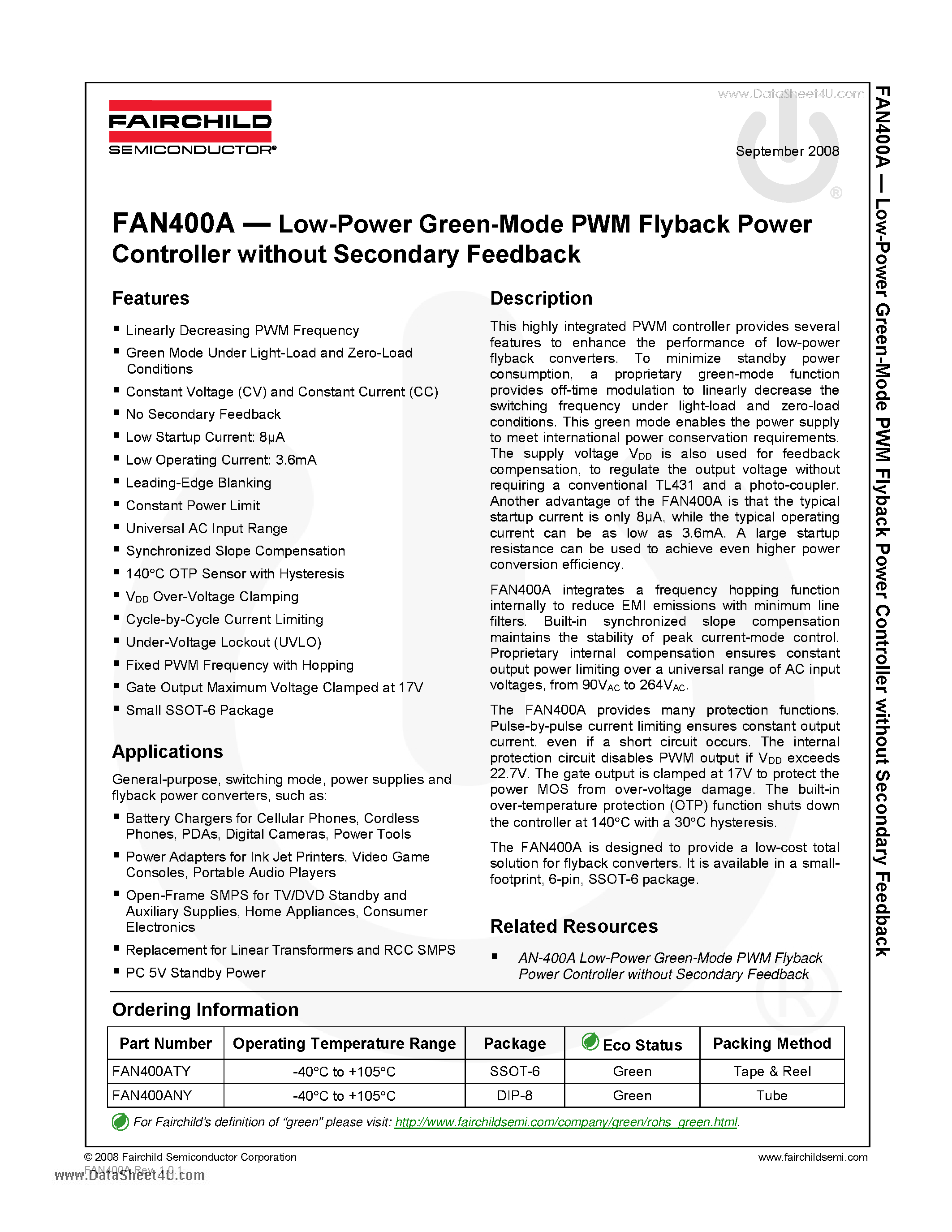 Datasheet FAN400A page 1 Datasheet FAN400A - Low-Power Green-Mode PWM Flyback Power Controller page 1