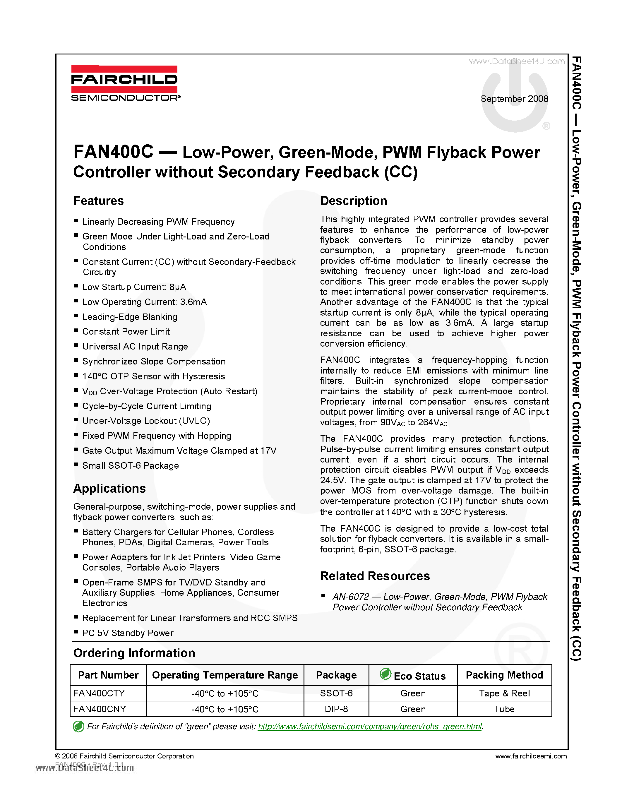 Datasheet FAN400C - PWM Flyback Power Controller page 1