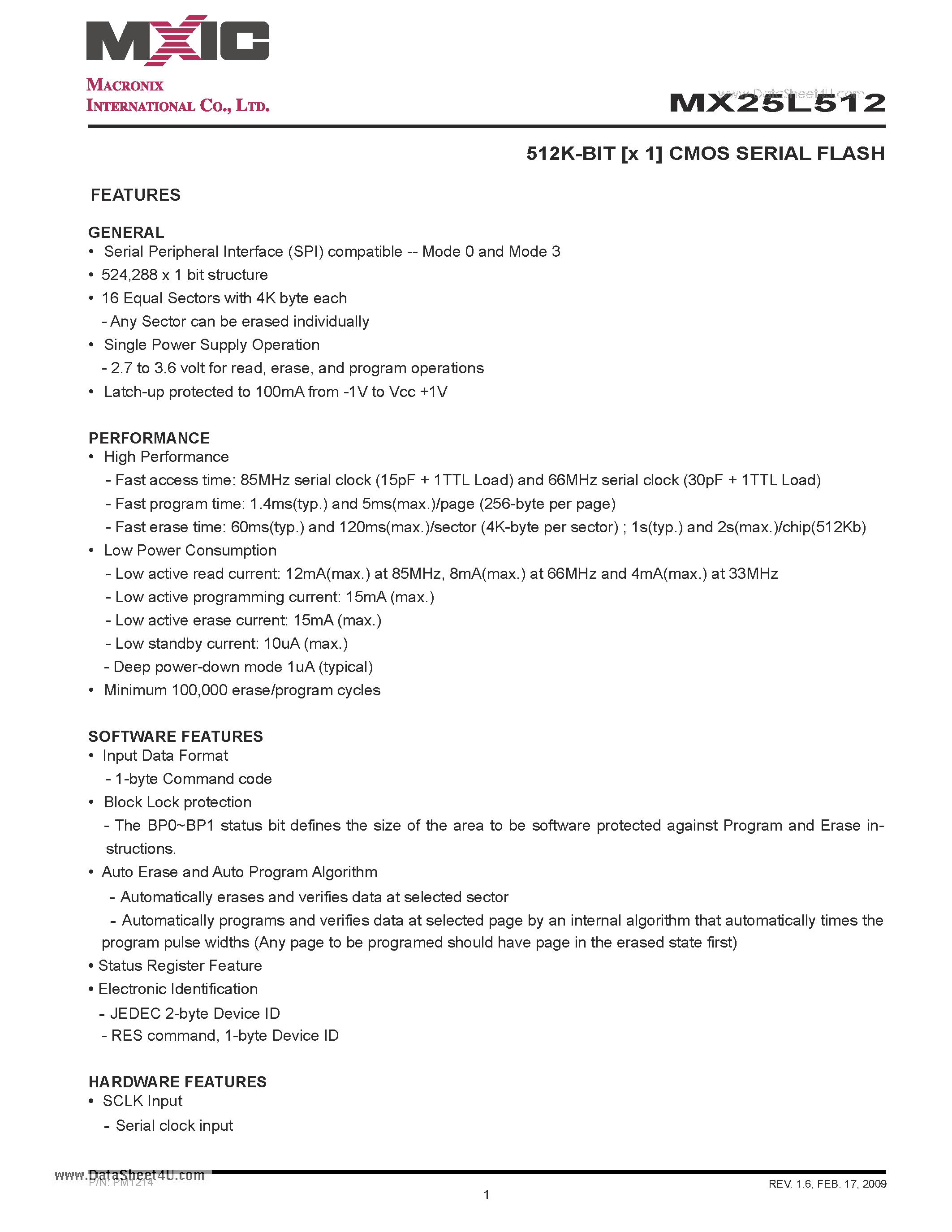 Datasheet MX25L512 - 512K-BIT [x 1] CMOS SERIAL FLASH page 1