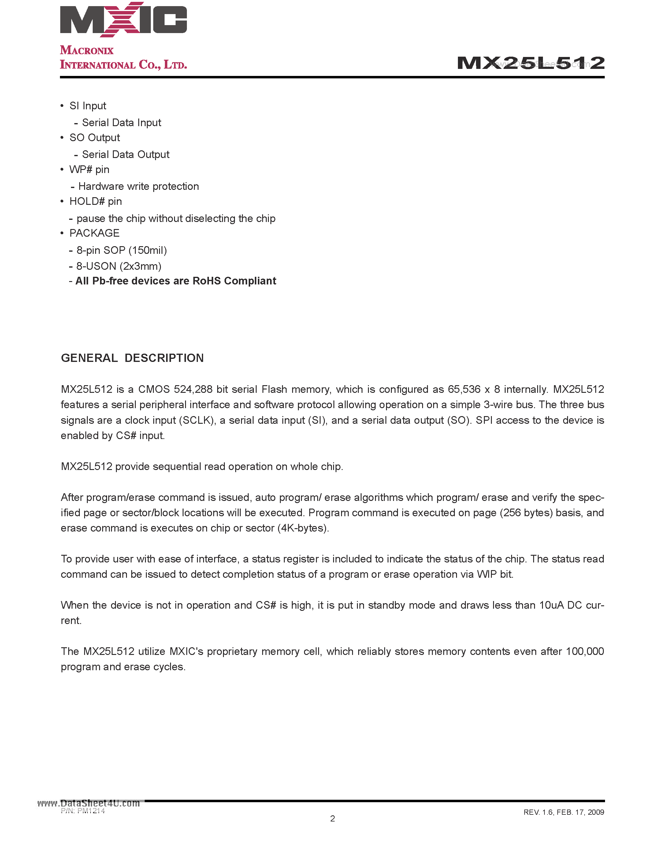 Datasheet MX25L512 - 512K-BIT [x 1] CMOS SERIAL FLASH page 2