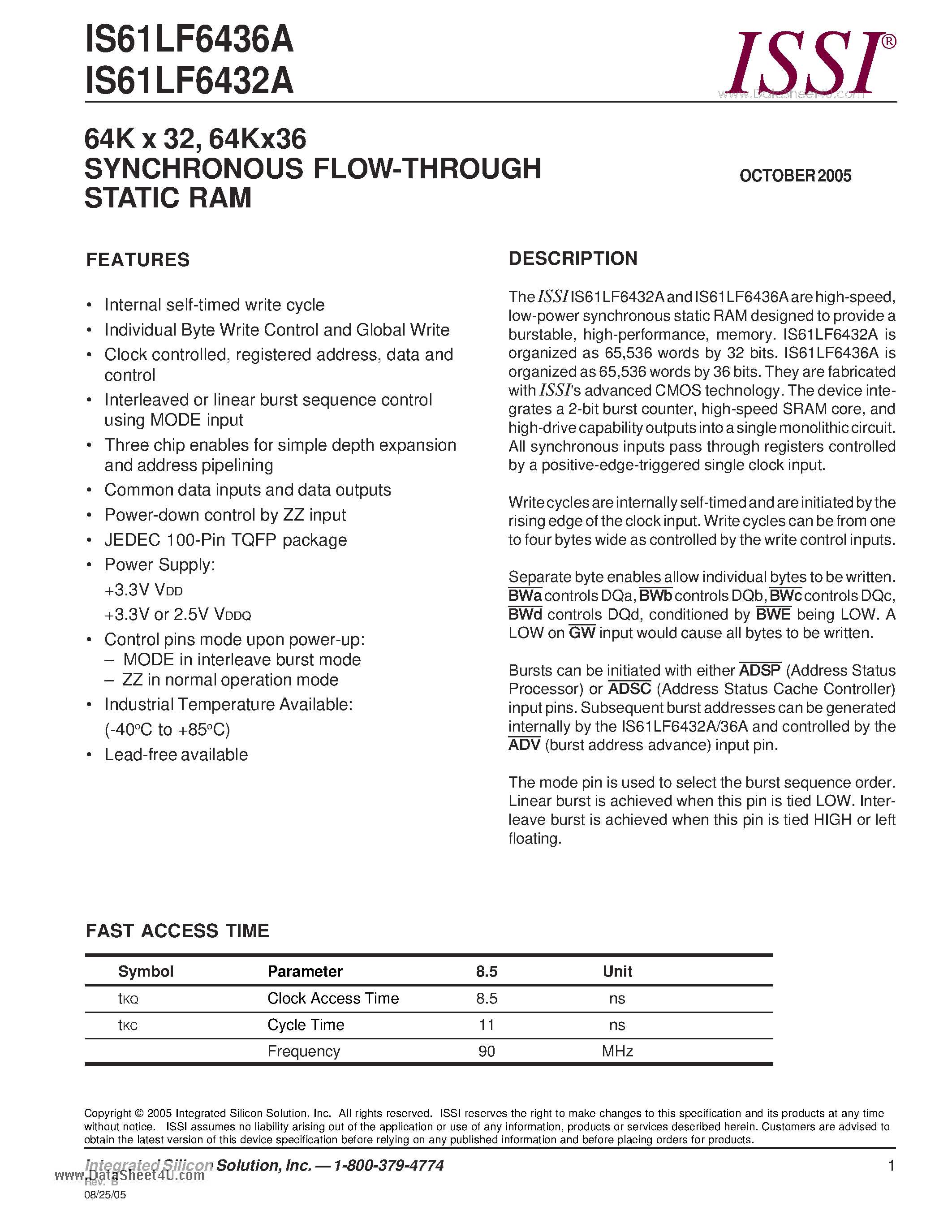 Даташит IS61LF6432A - SYNCHRONOUS FLOW-THROUGH STATIC RAM страница 1