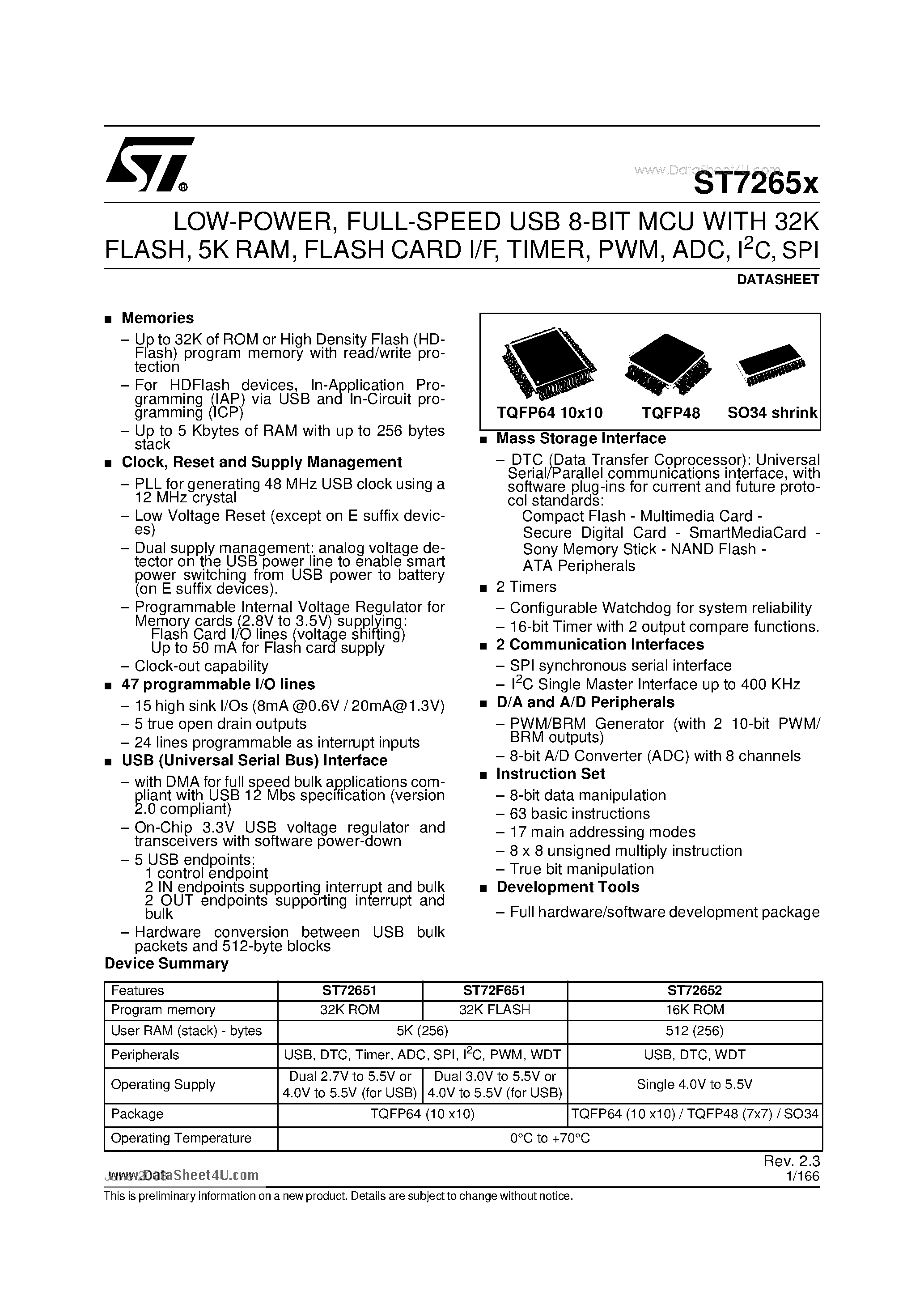 Datasheet ST7265x page 1 Datasheet ST7265x - FULL-SPEED USB 8-BIT MCU page 1