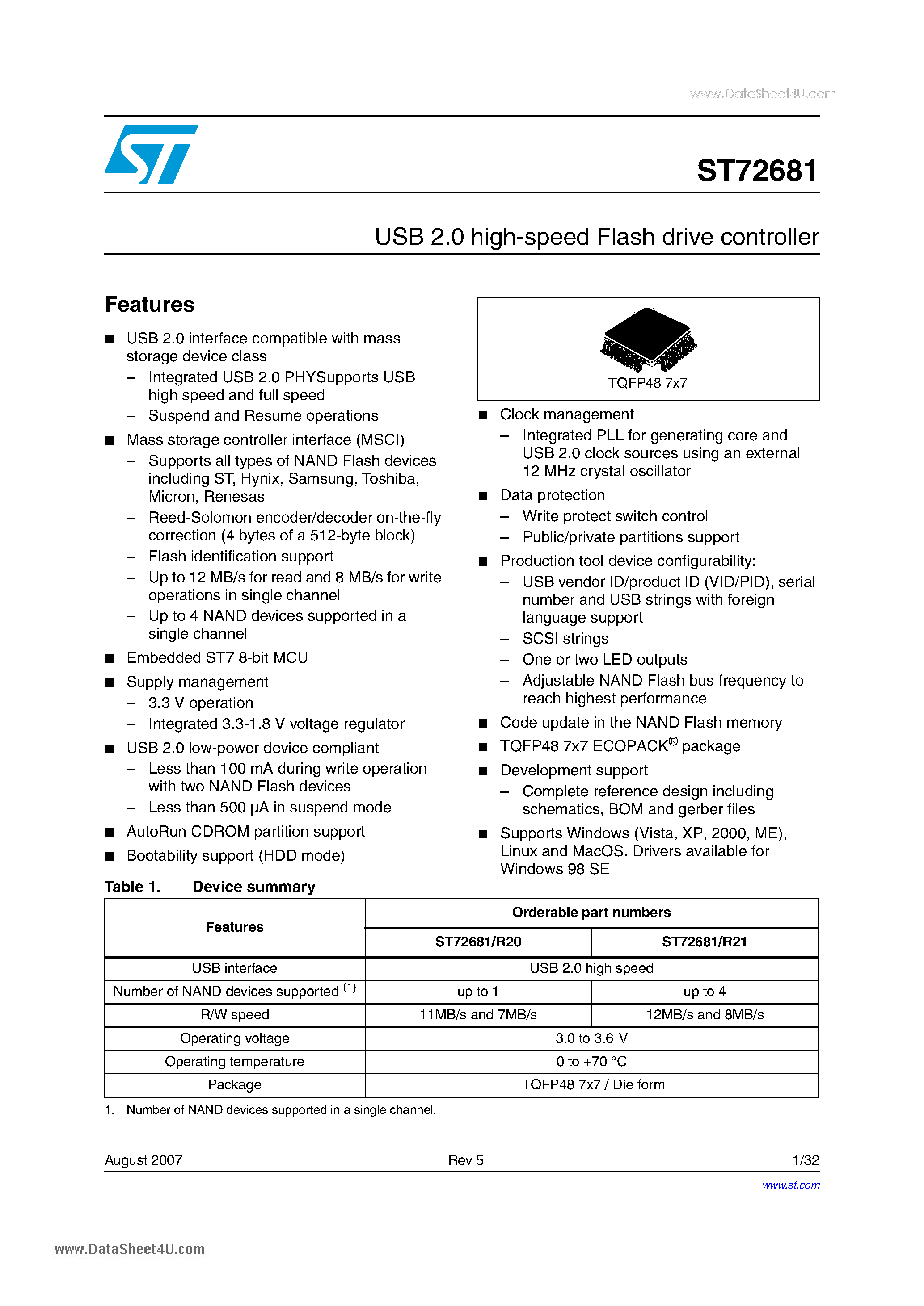 Datasheet ST72681 page 1 Datasheet ST72681 - USB 2.0 high-speed Flash drive controller page 1