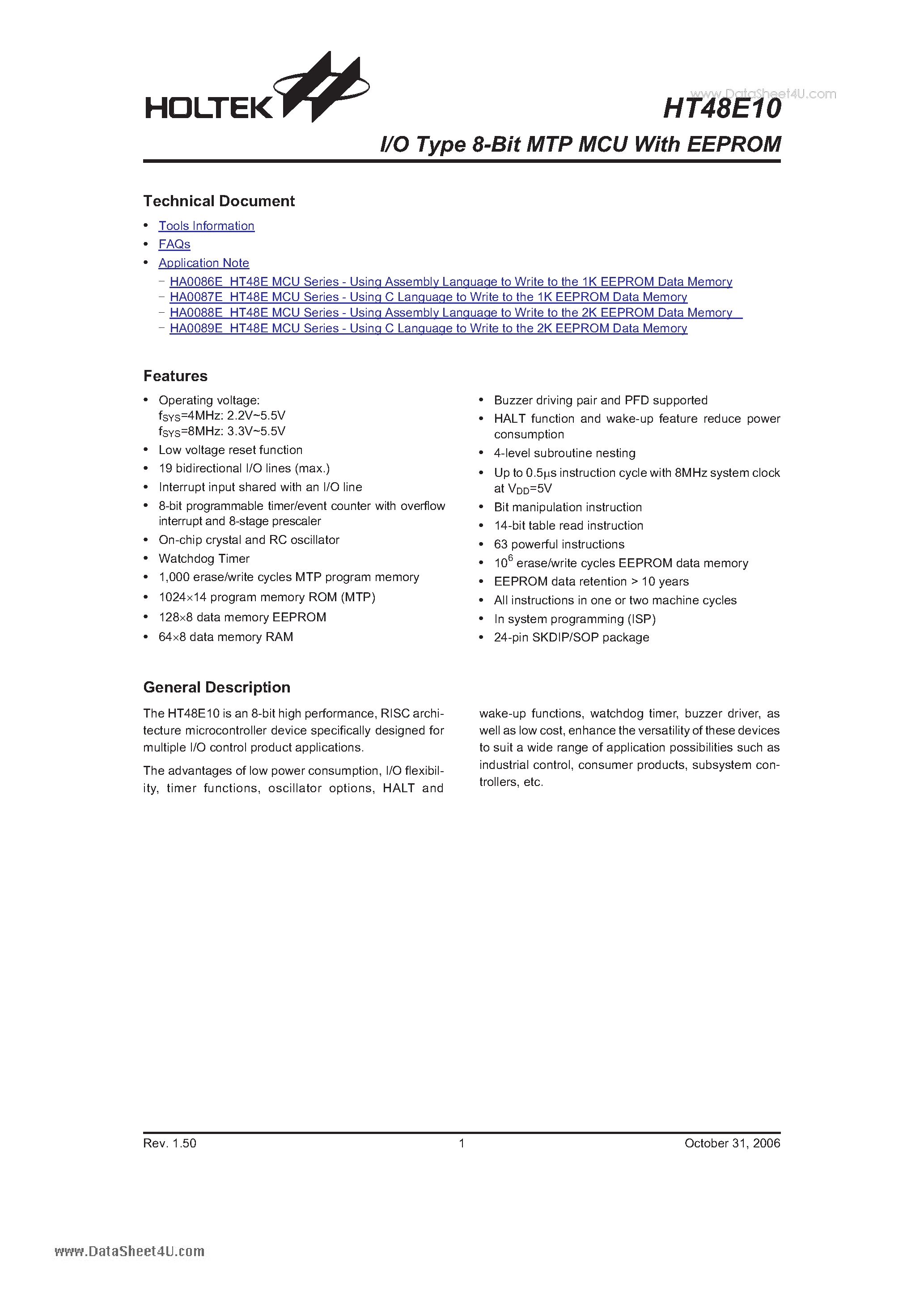 Datasheet HT48E10 - I/O Type 8-Bit MTP MCU page 1