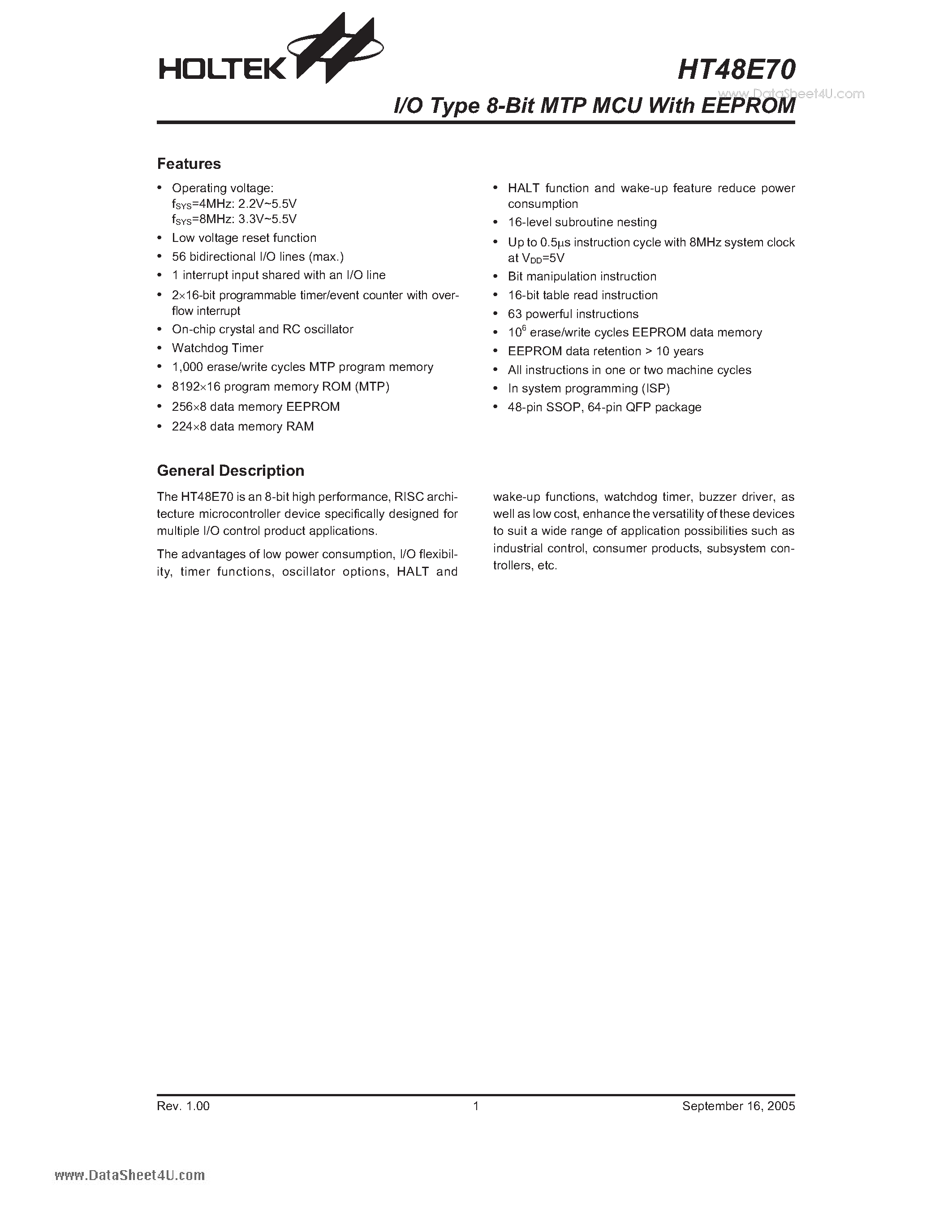 Datasheet HT48E70 page 1 Datasheet HT48E70 - I/O Type 8-Bit MTP MCU page 1