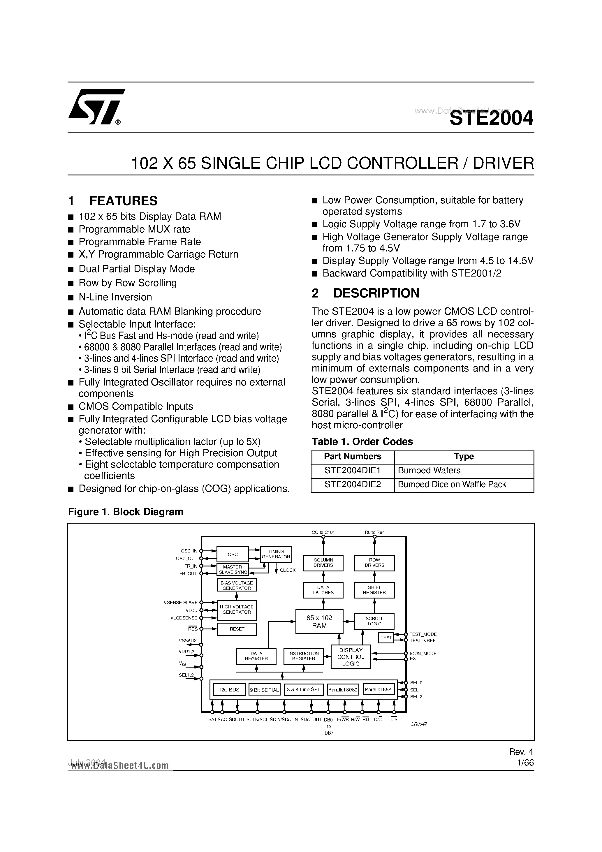 Datasheet STE2004 page 1 Datasheet STE2004 - 102 X 65 SINGLE CHIP LCD CONTROLLER / DRIVER page 1