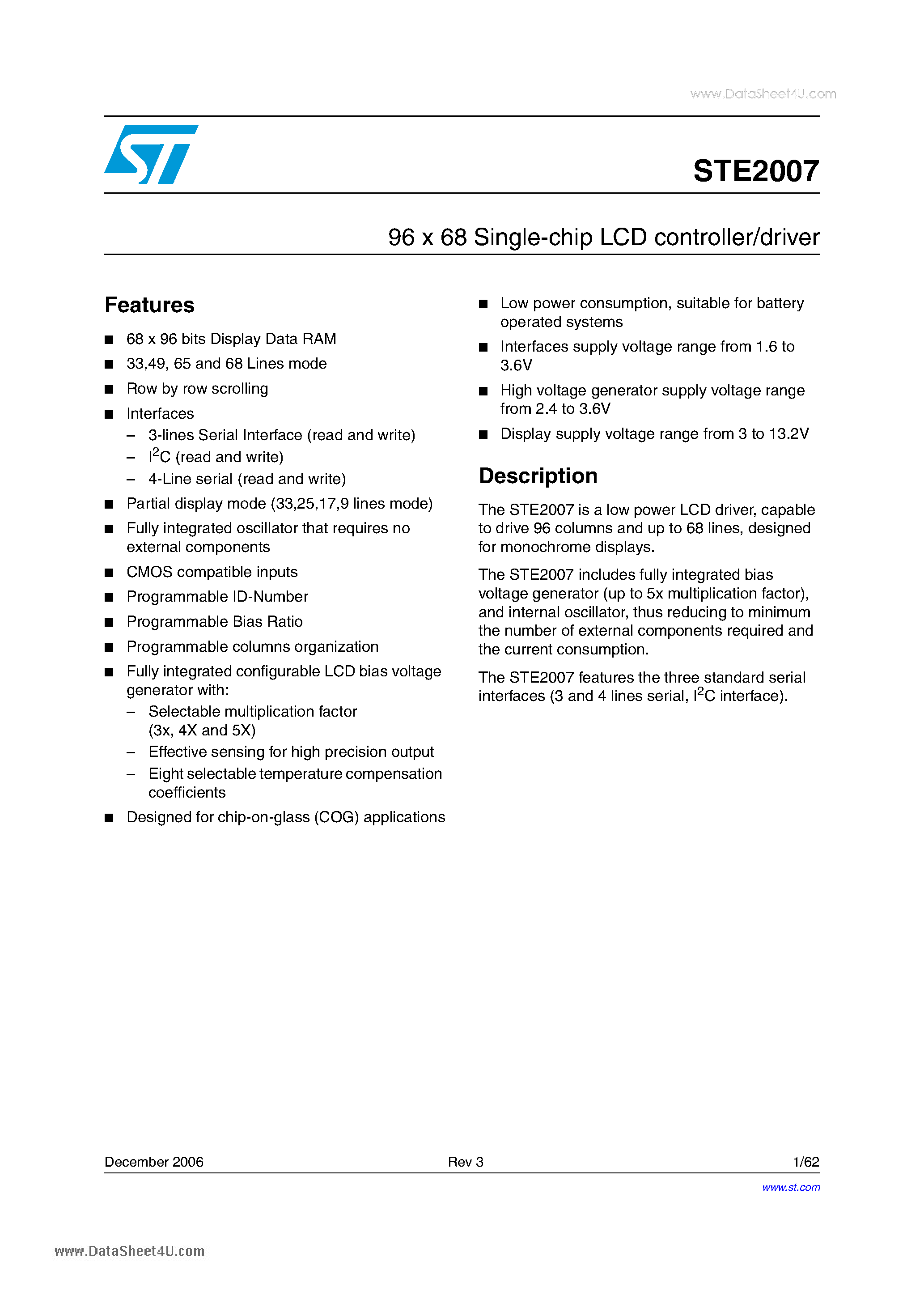 Datasheet STE2007 page 1 Datasheet STE2007 - 96 X 68 single-chip LCD controller/driver page 1