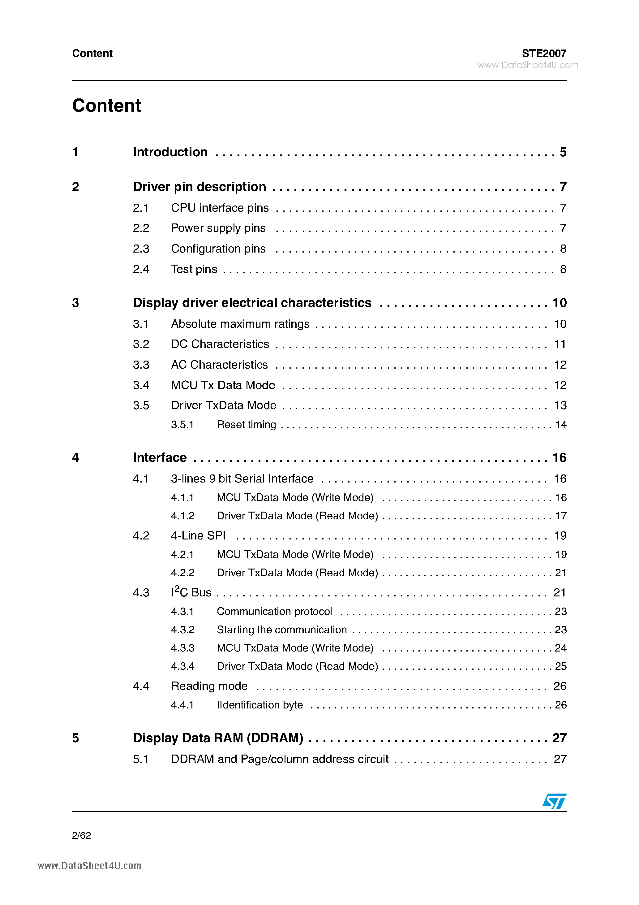 Datasheet STE2007 page 2 Datasheet STE2007 - 96 X 68 single-chip LCD controller/driver page 2