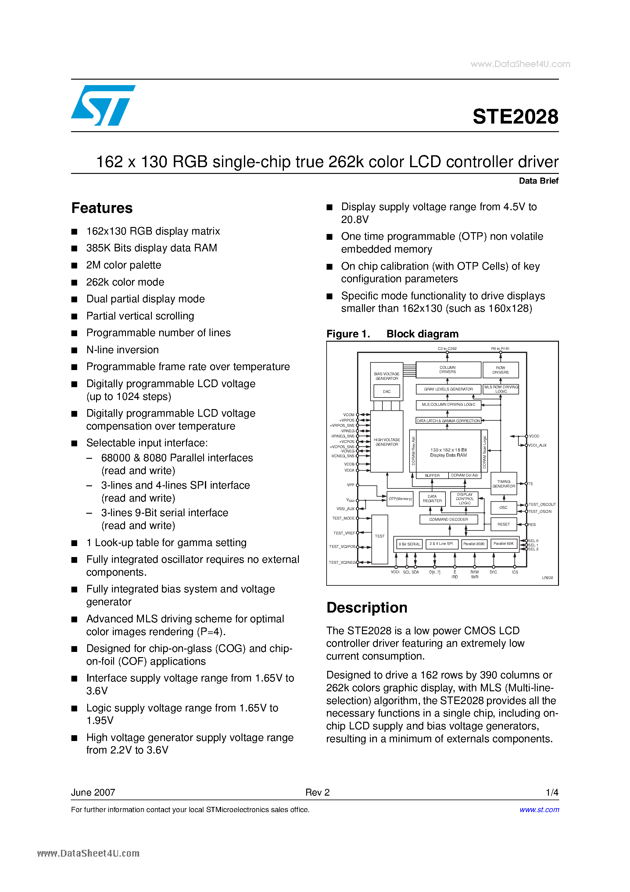 Datasheet STE2028 page 1 Datasheet STE2028 - 162 X 130 RGB single-chip true 262k color LCD controller driver page 1