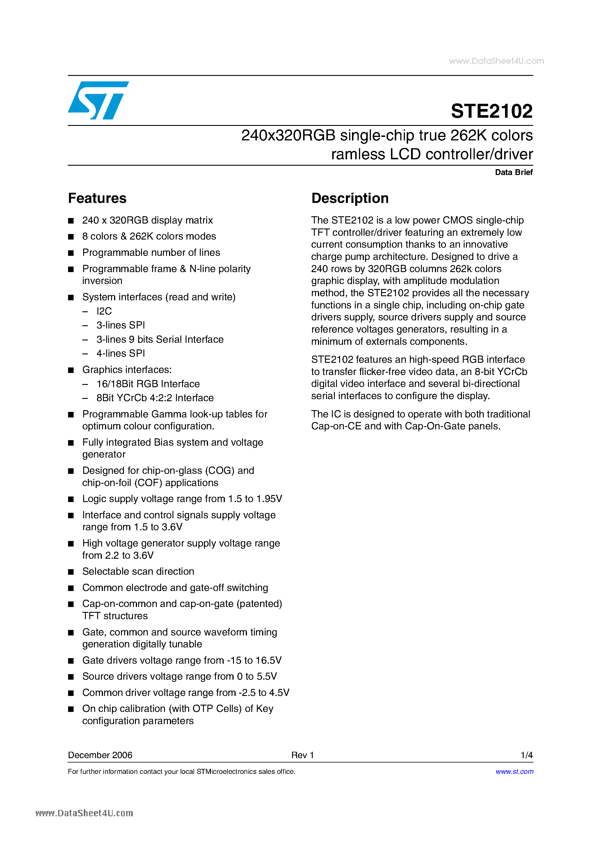 Datasheet STE2102 page 1 Datasheet STE2102 - 240 X 320RGB single-chip true 262k colors ramless LCD controller/driver page 1