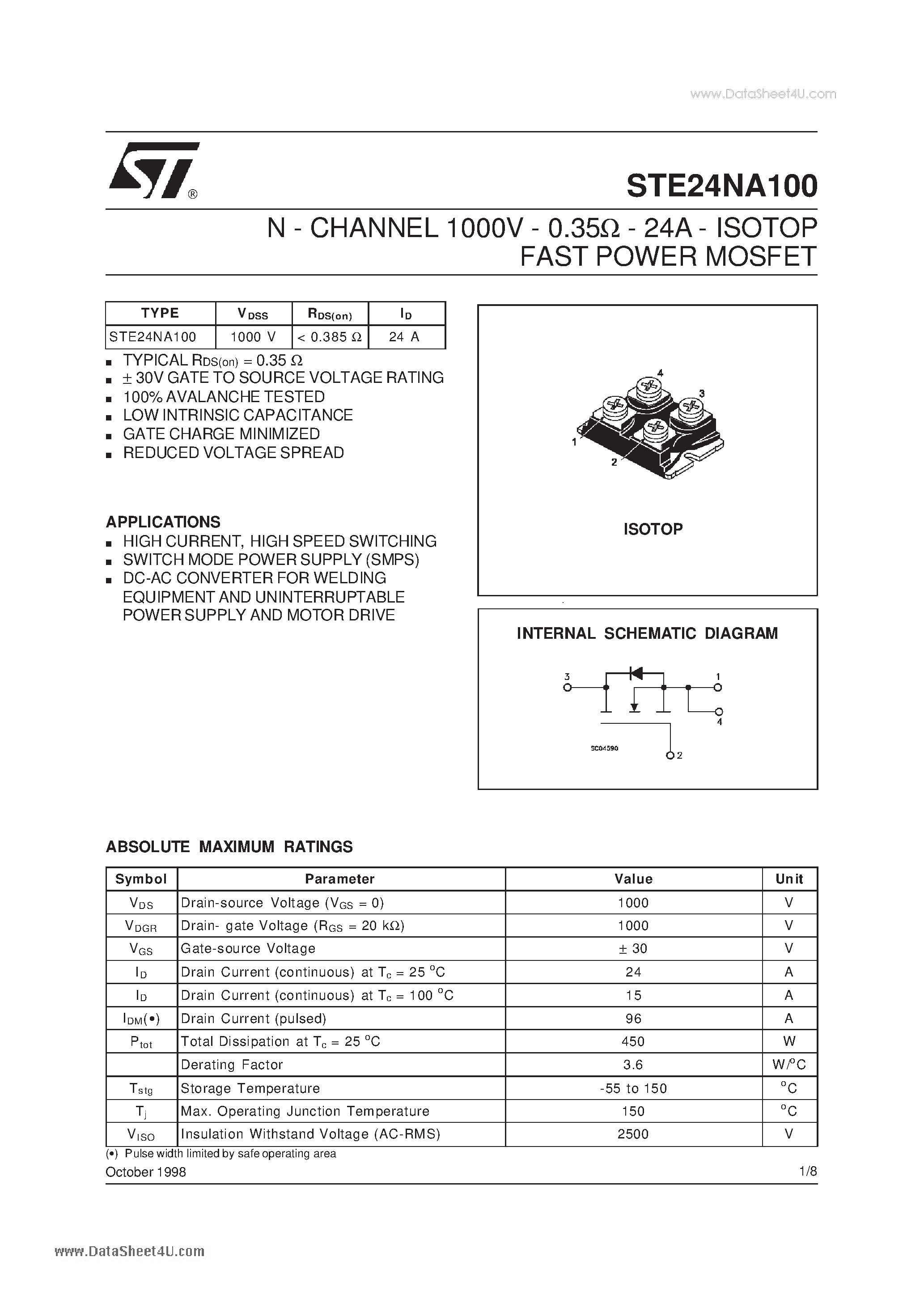 Datasheet STE24NA100 - ISOTOP FAST POWER MOSFET page 1