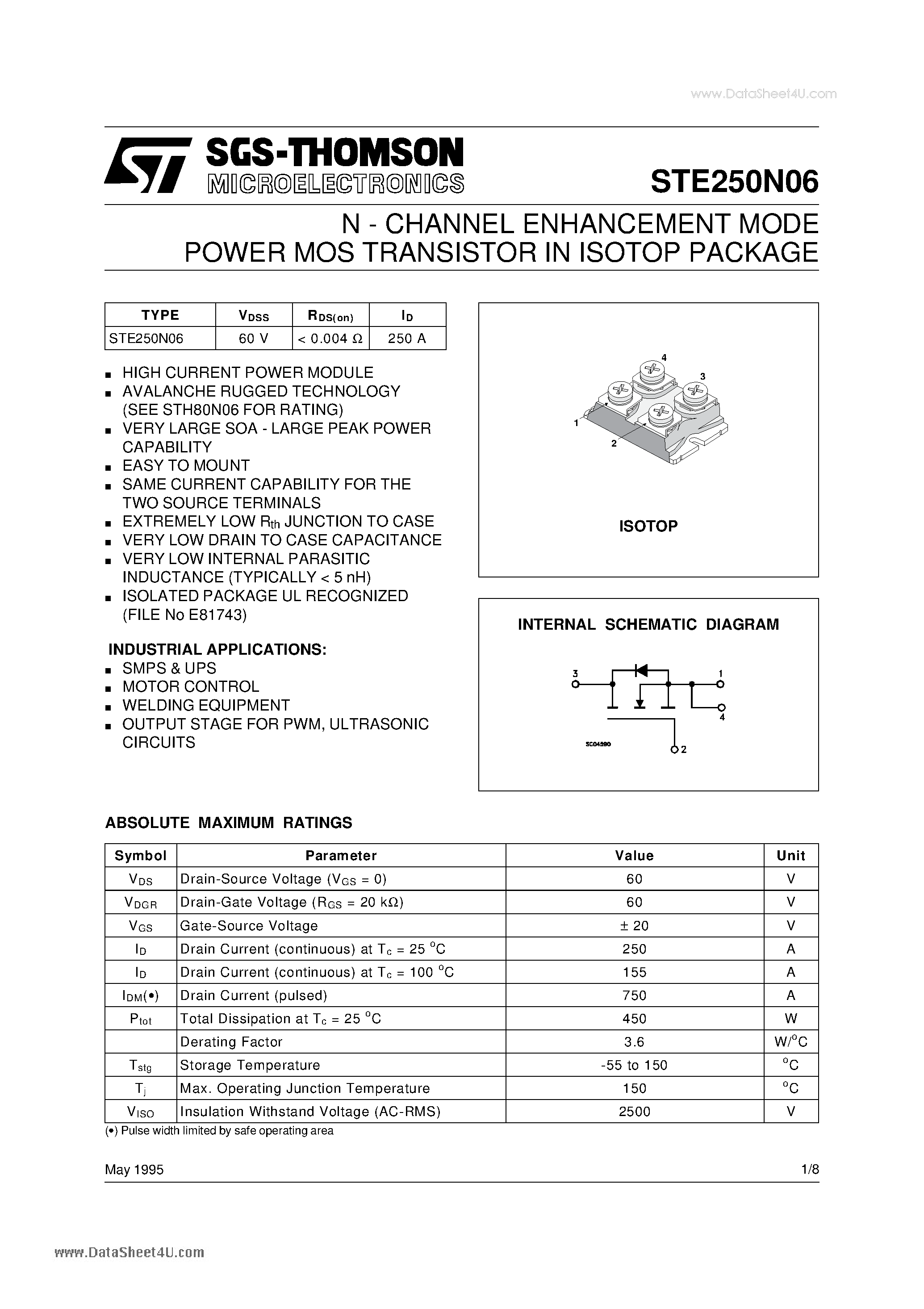 Datasheet STE250N06 page 1 Datasheet STE250N06 - N - CHANNEL ENHANCEMENT MODE POWER MOS TRANSISTOR page 1