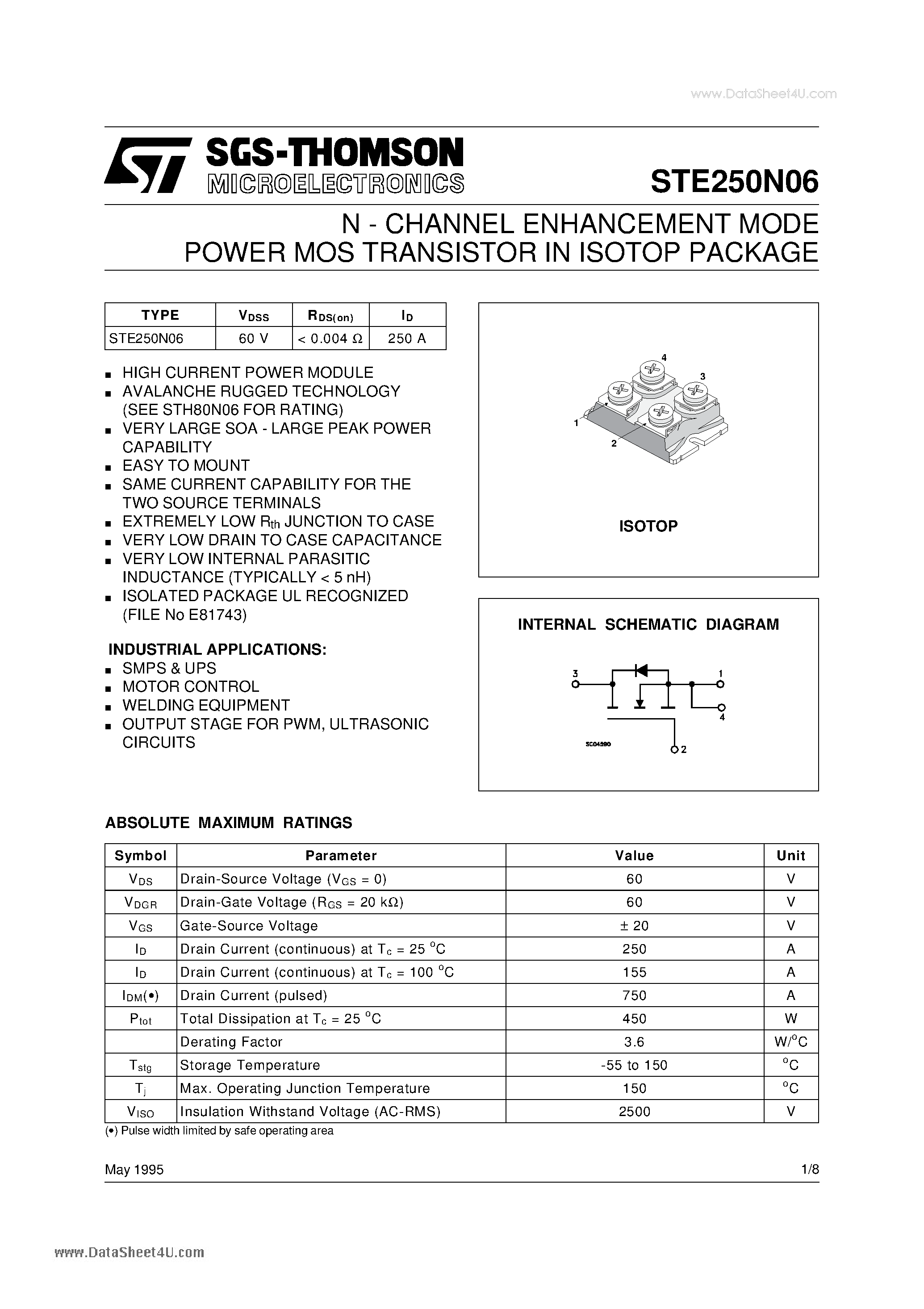 Даташит STE250N06 - N - CHANNEL ENHANCEMENT MODE POWER MOS TRANSISTOR страница 1