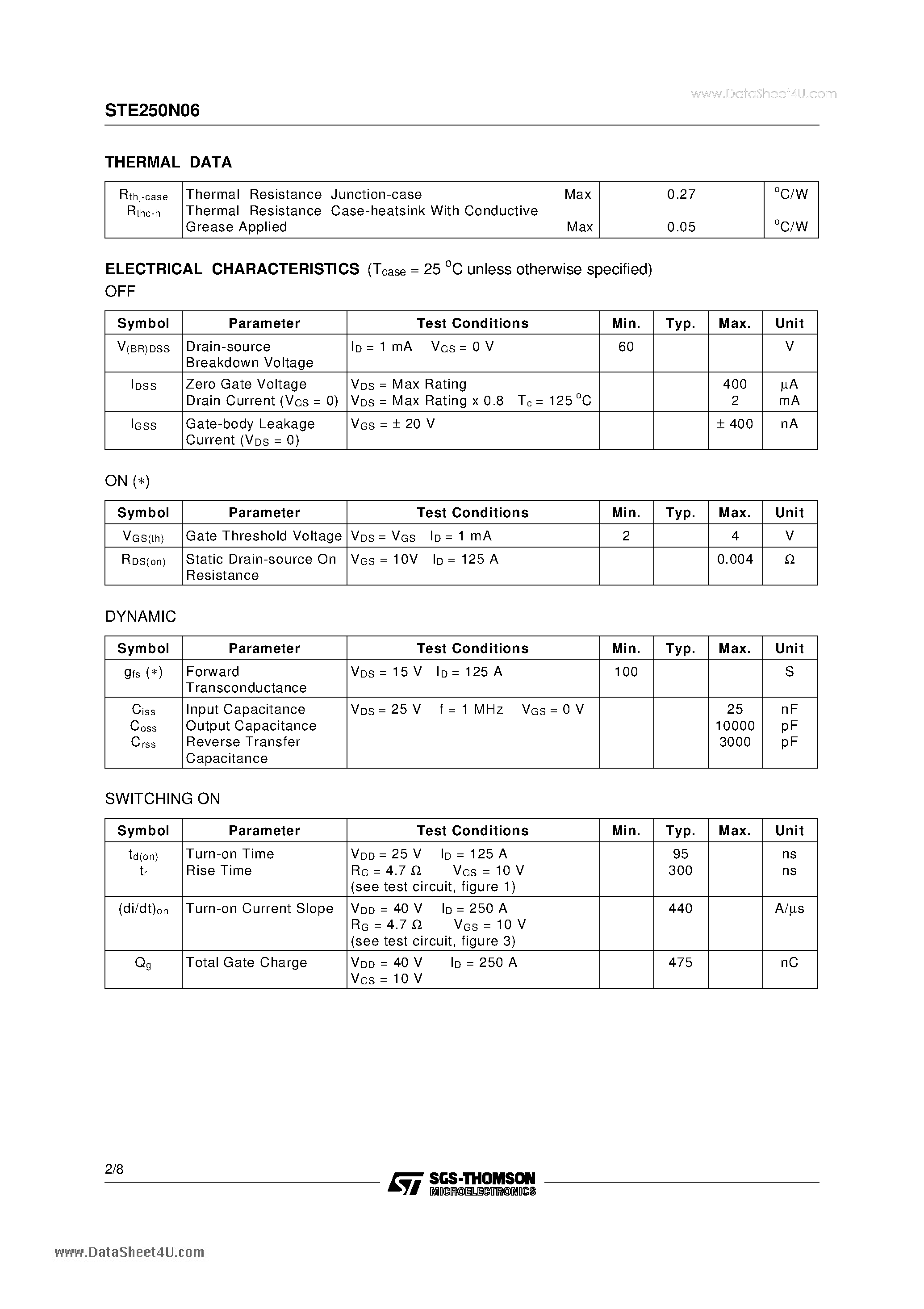 Datasheet STE250N06 page 2 Datasheet STE250N06 - N - CHANNEL ENHANCEMENT MODE POWER MOS TRANSISTOR page 2