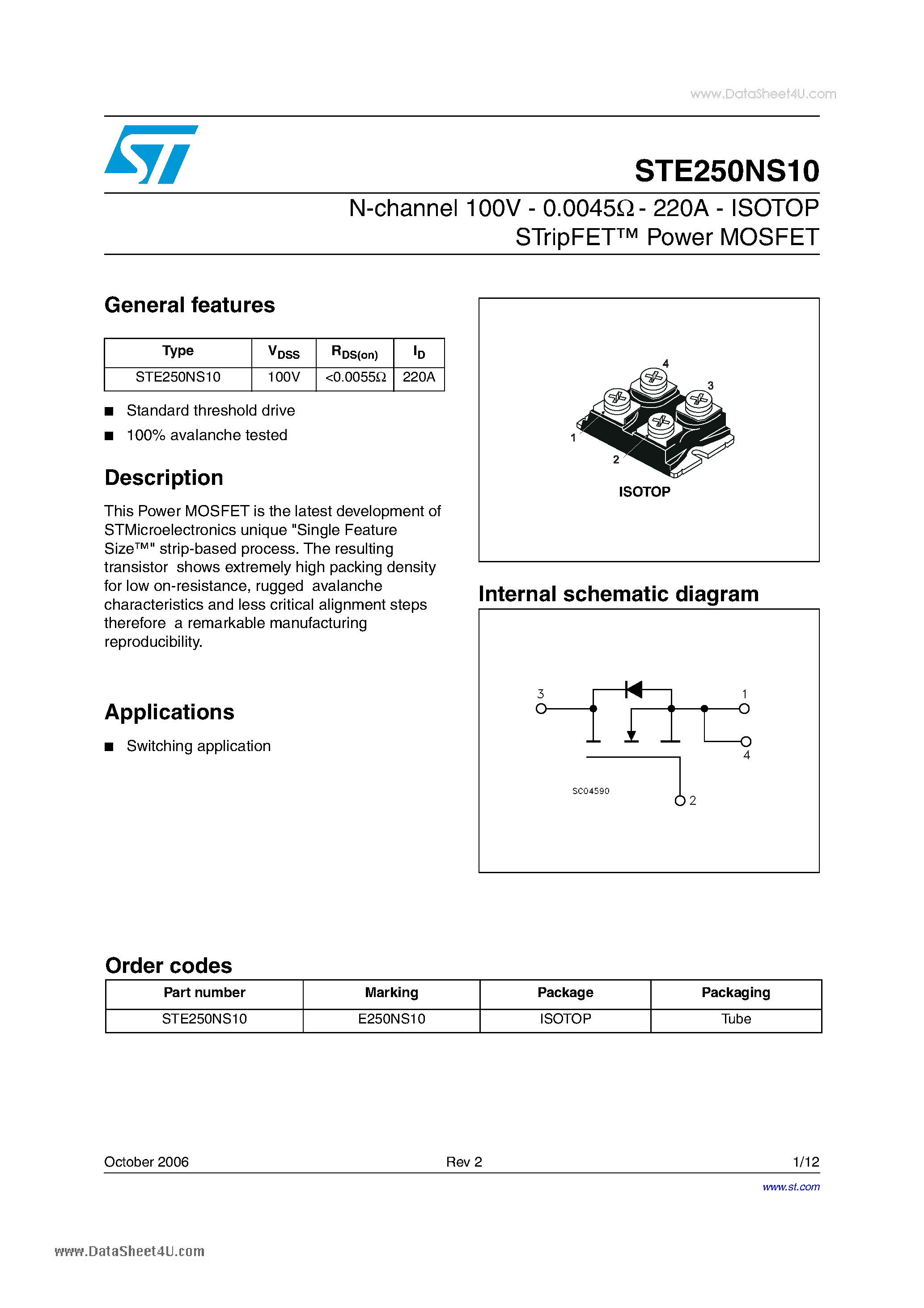 Datasheet STE250NS10 page 1 Datasheet STE250NS10 - ISOTOP STripFET Power MOSFET page 1