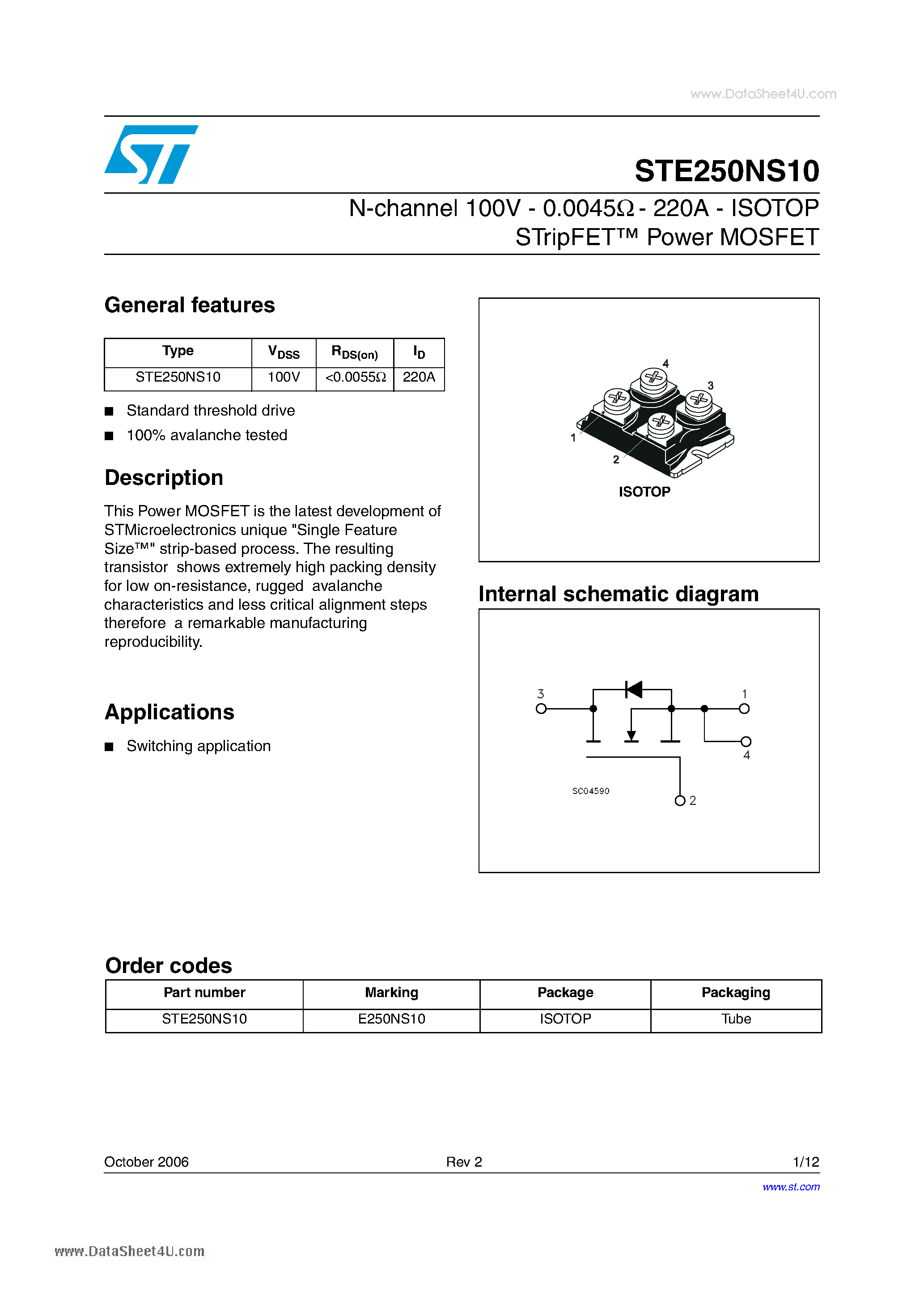 Даташит STE250NS10 - ISOTOP STripFET Power MOSFET страница 1