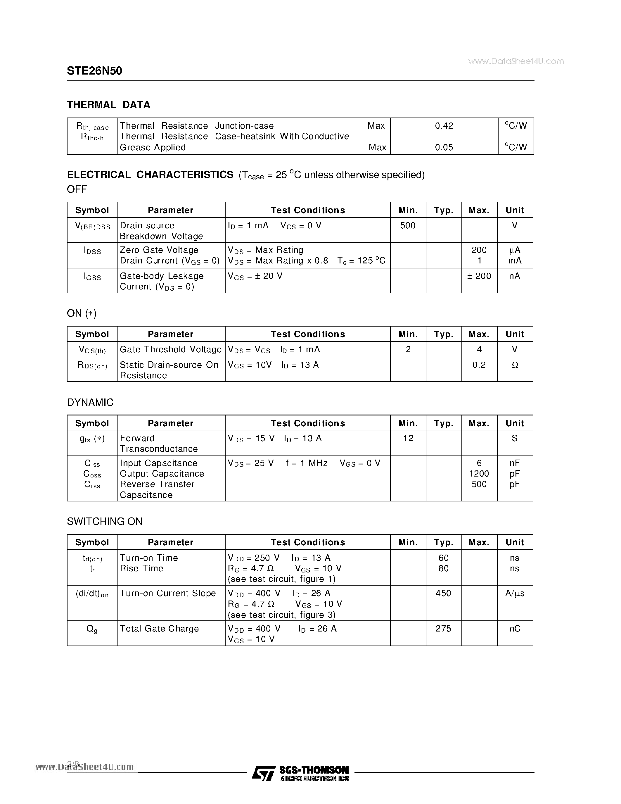 Datasheet STE26N50 page 2 Datasheet STE26N50 - N - CHANNEL ENHANCEMENT MODE POWER MOS TRANSISTOR page 2