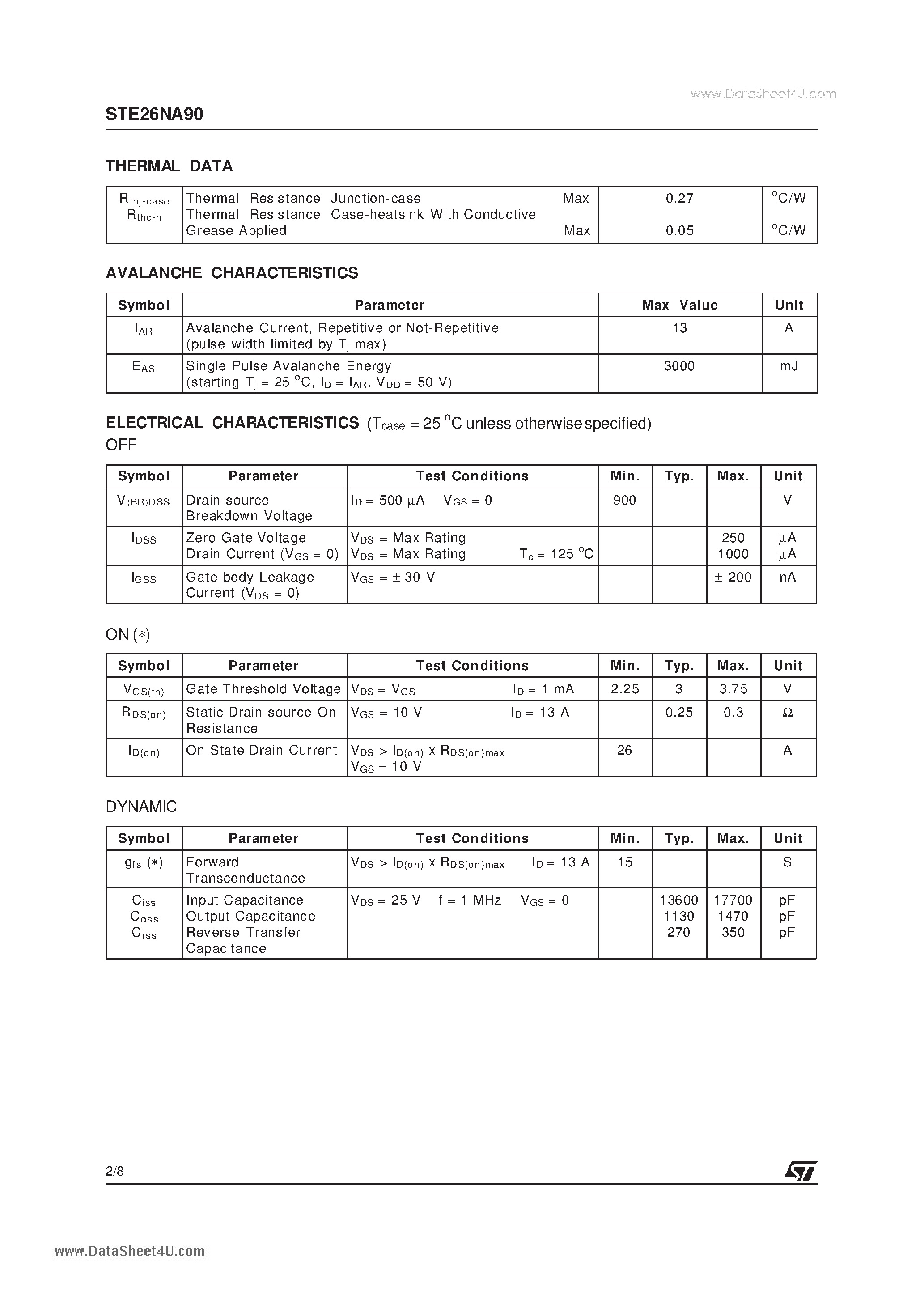 Datasheet STE26NA90 page 2 Datasheet STE26NA90 - ISOTOP FAST POWER MOSFET page 2