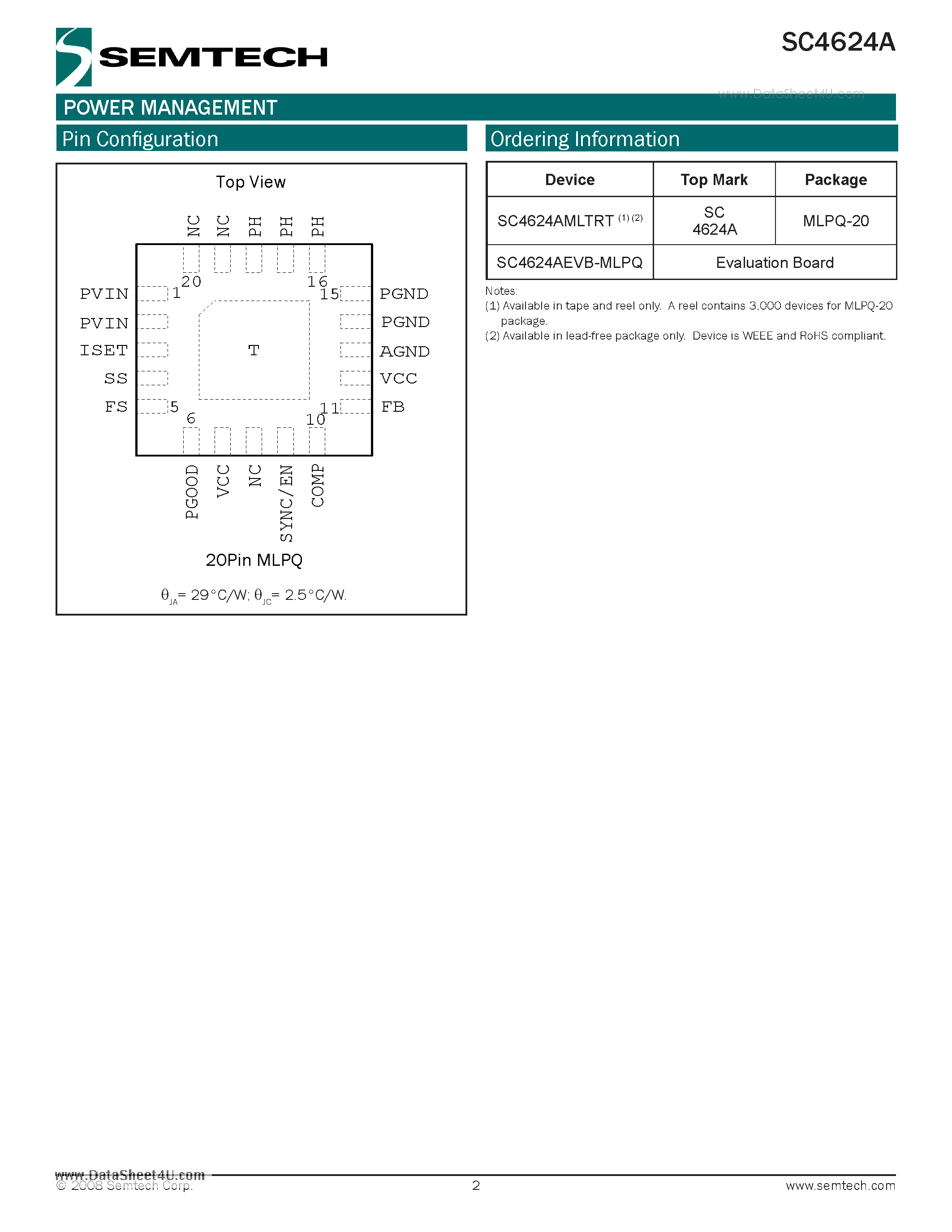 Datasheet SC4624A page 2 Datasheet SC4624A - 4A Integrated FET Synchronous Step down DC/DC Regulator page 2