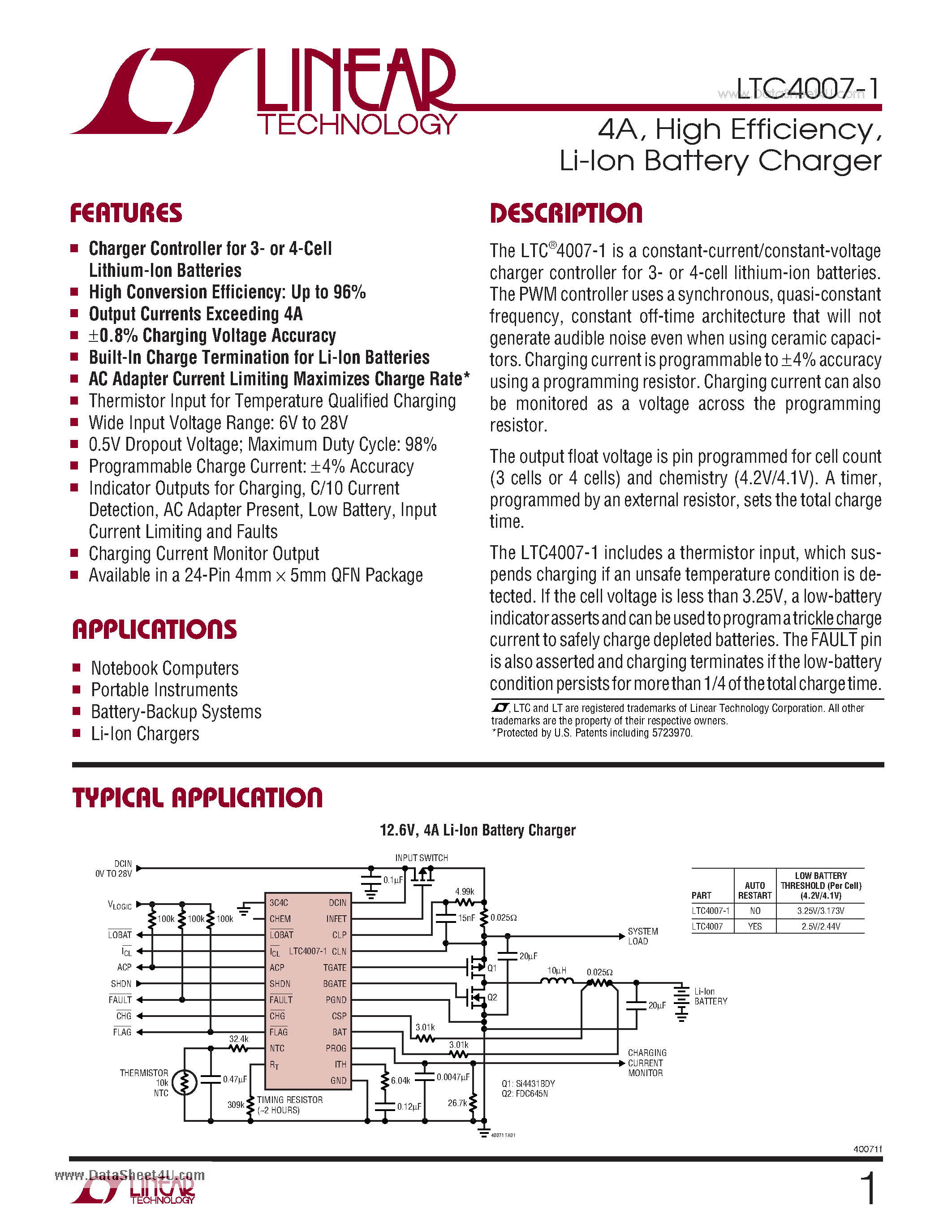 Datasheet LTC4007-1 - Li-Ion Battery Charger page 1