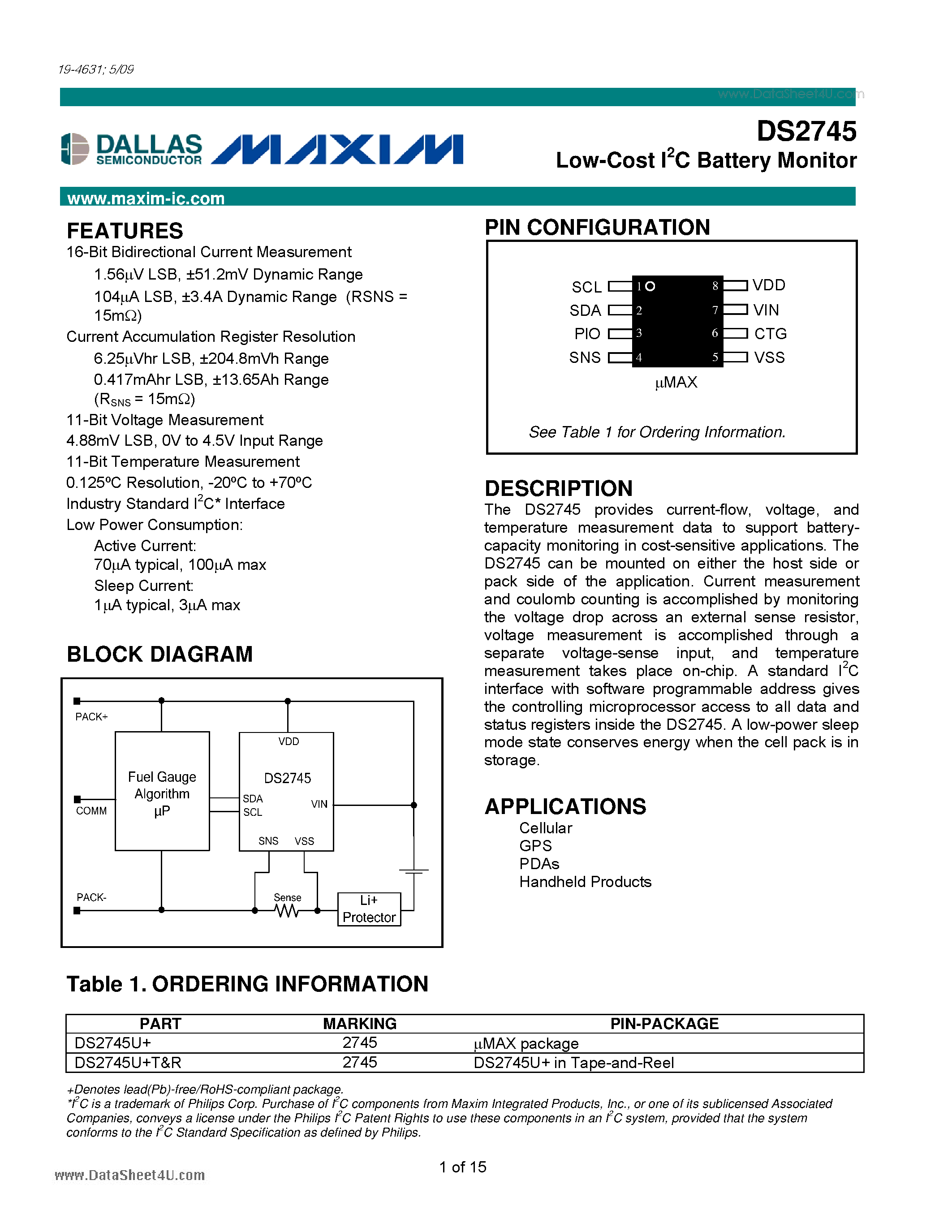 Datasheet DS2745 - Low-Cost I2C Battery Monitor page 1
