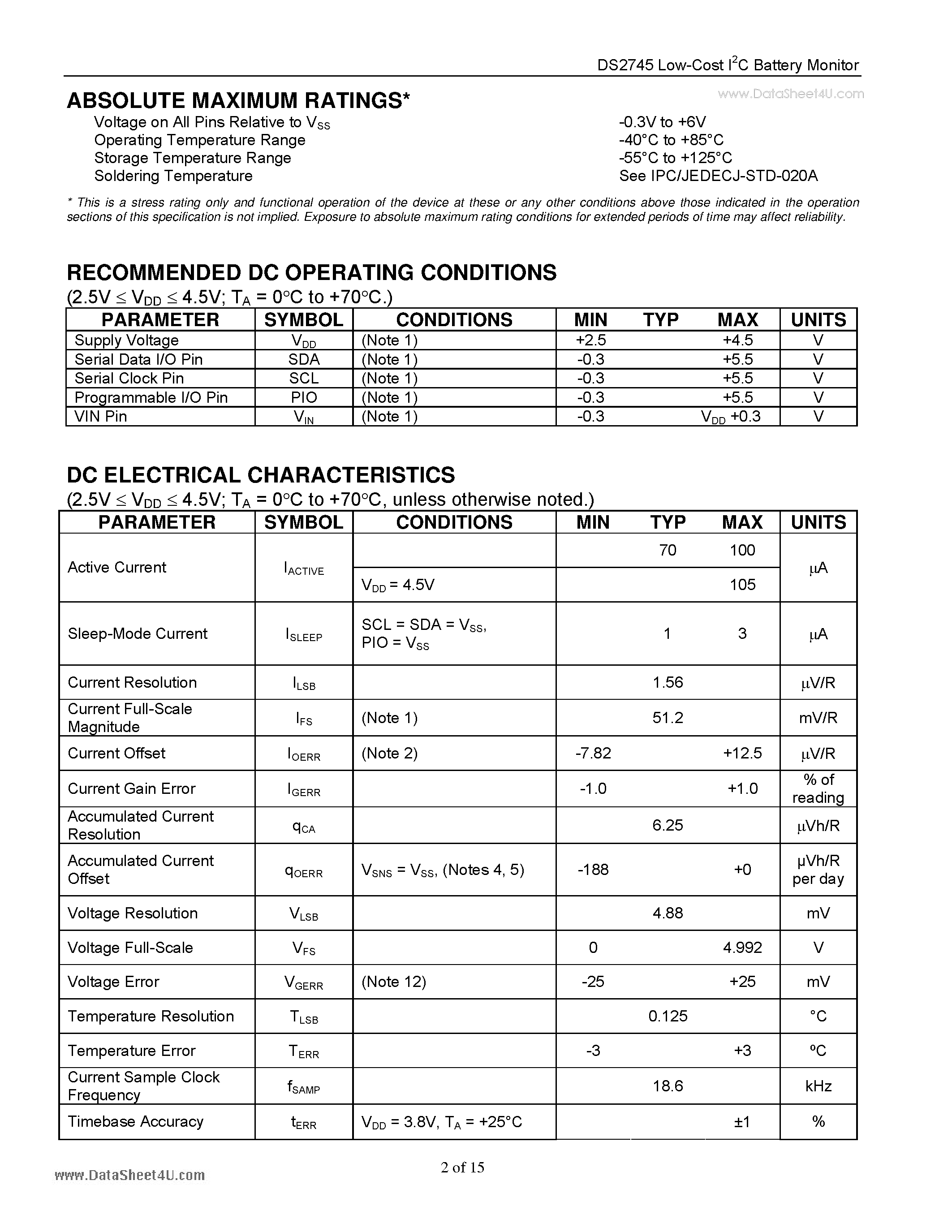 Datasheet DS2745 - Low-Cost I2C Battery Monitor page 2
