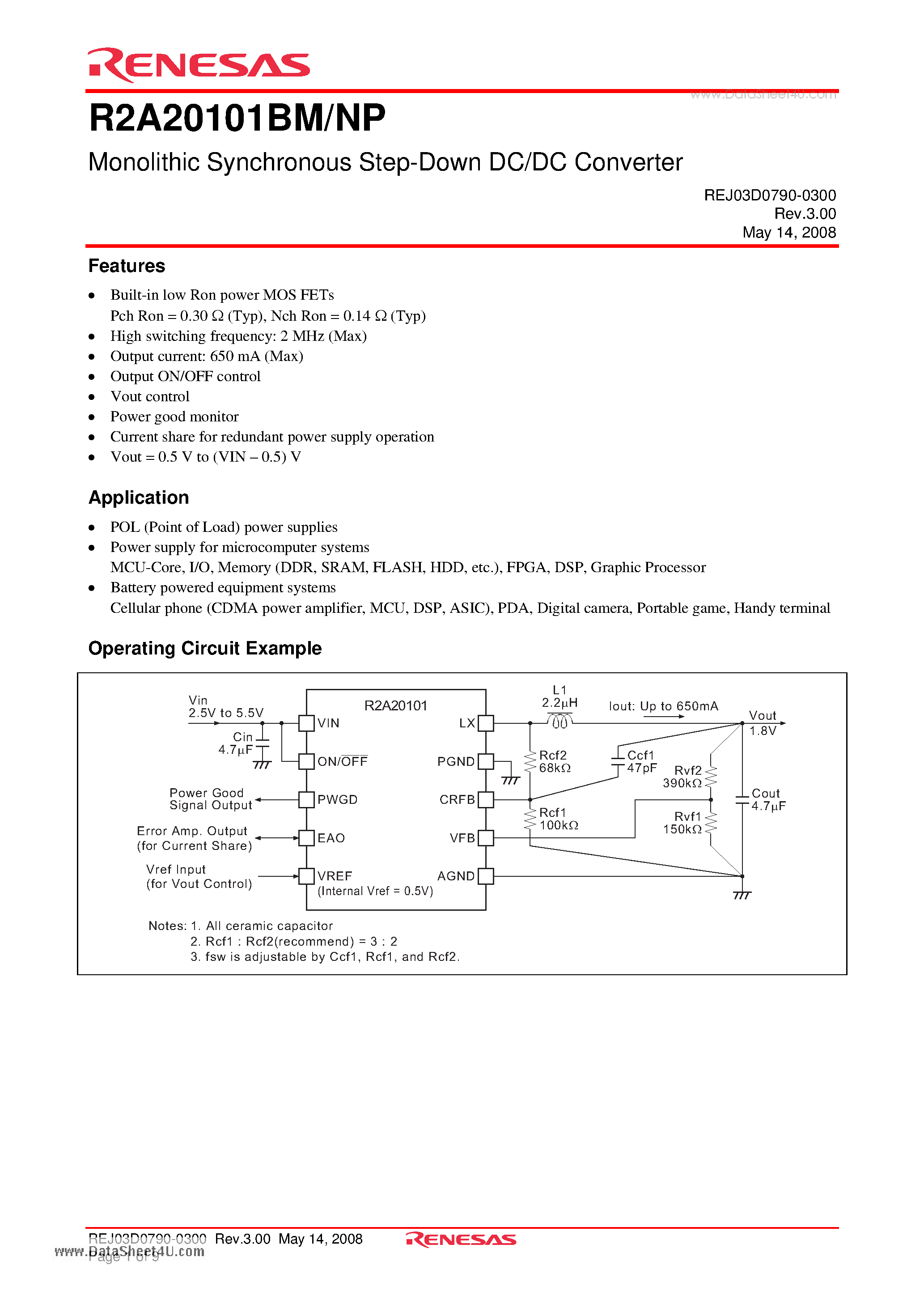 Datasheet R2A20101BM - Monolithic Synchronous Step-Down DC/DC Converter page 1