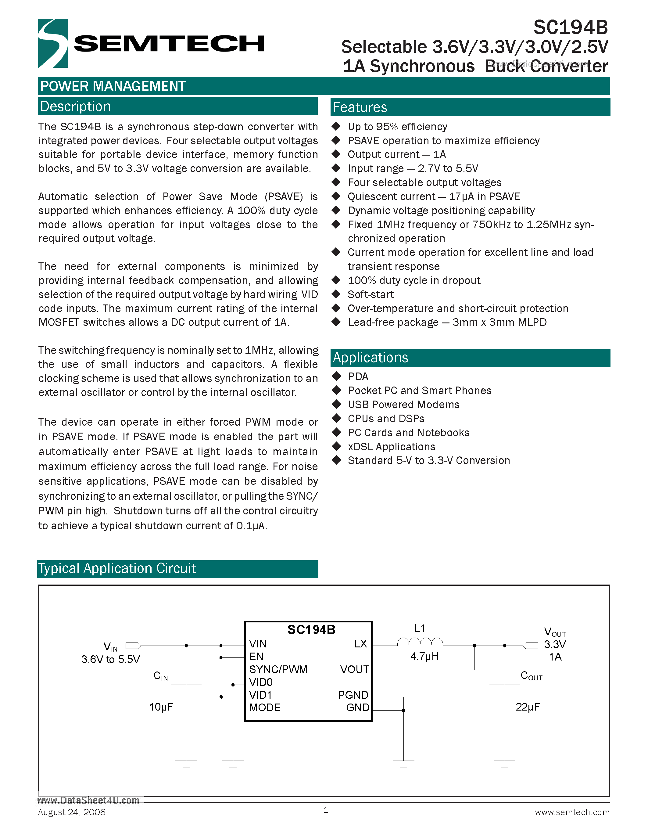 Datasheet SC194B page 1 Datasheet SC194B - Selectable 3.6V/3.3V/3.0V/2.5V 1A Synchronous Buck Converter page 1